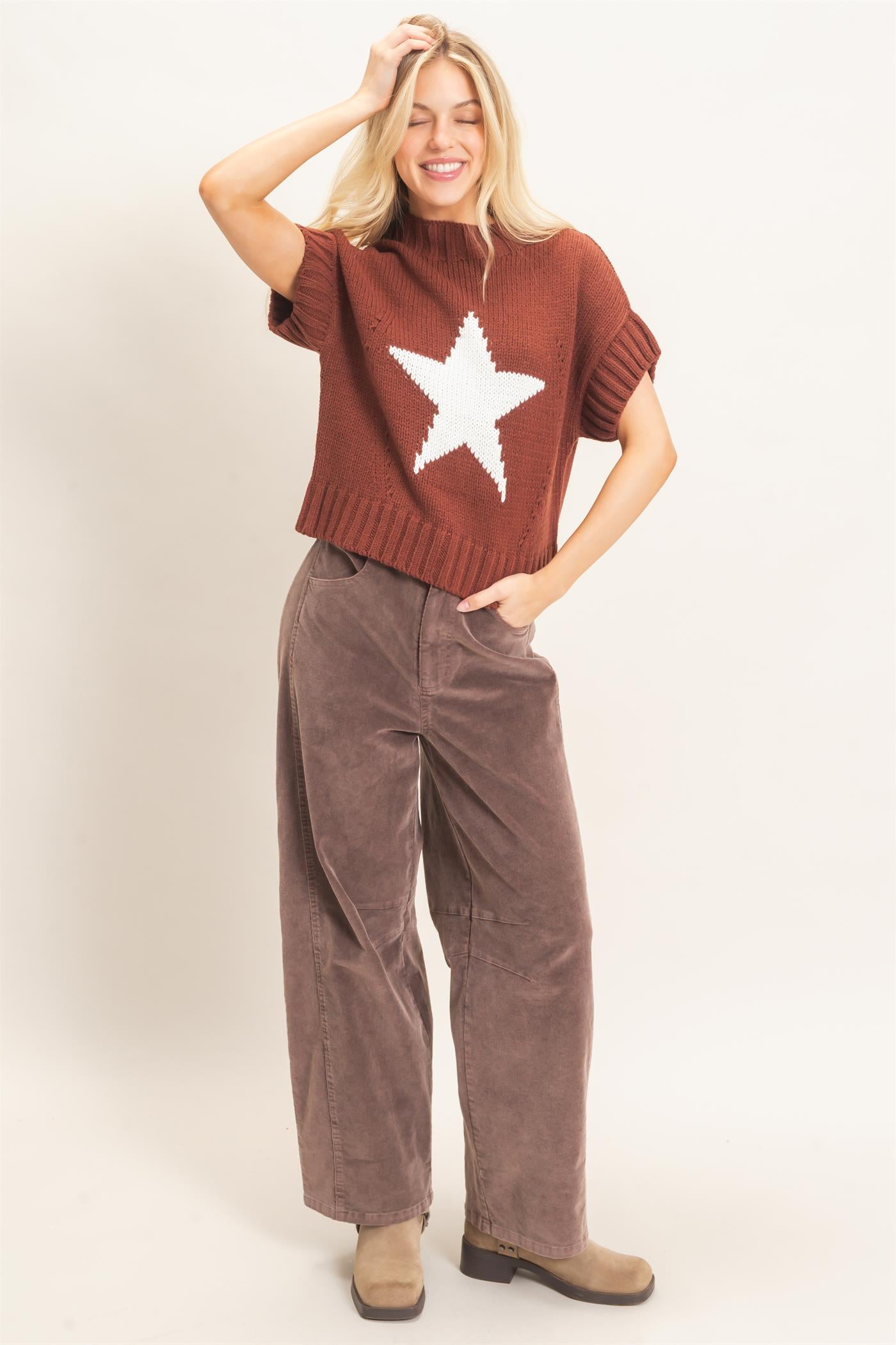 Wholesale Star Pattern Ribbed Sweater Sweaters HF26E051 CHOCOLATE HYFVE