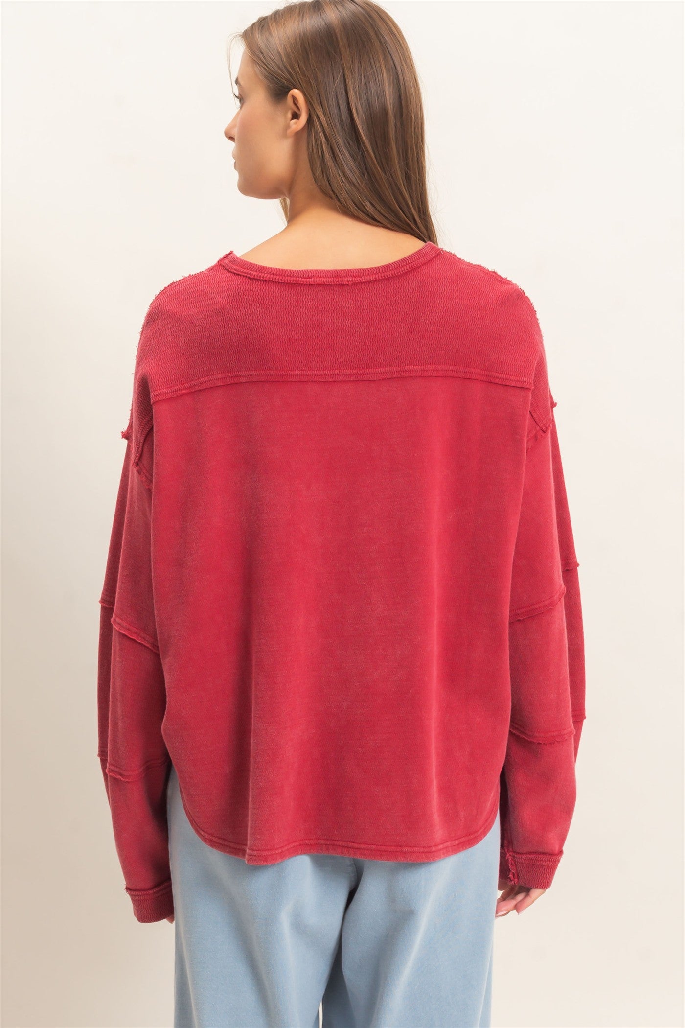 Wholesale Mineral Wash Overzised Raw Edge Crew Neck Top Clothing Tops DZ26E449 DARK RED DOUBLE ZERO