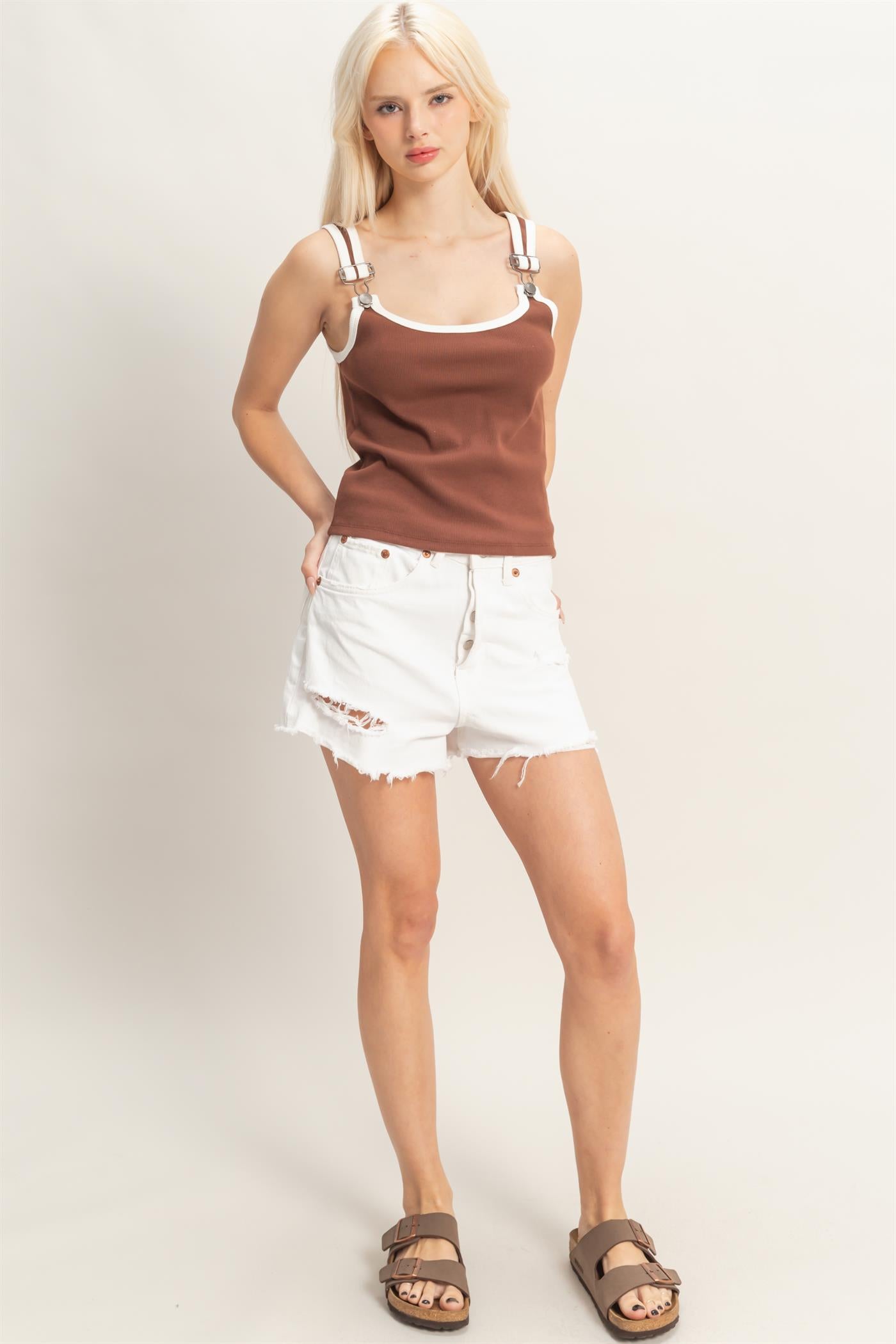 Wholesale Scoop Neck Buckle Strap Tank Top Tank Tops DZ26C345 CHOCOLATE DOUBLE ZERO