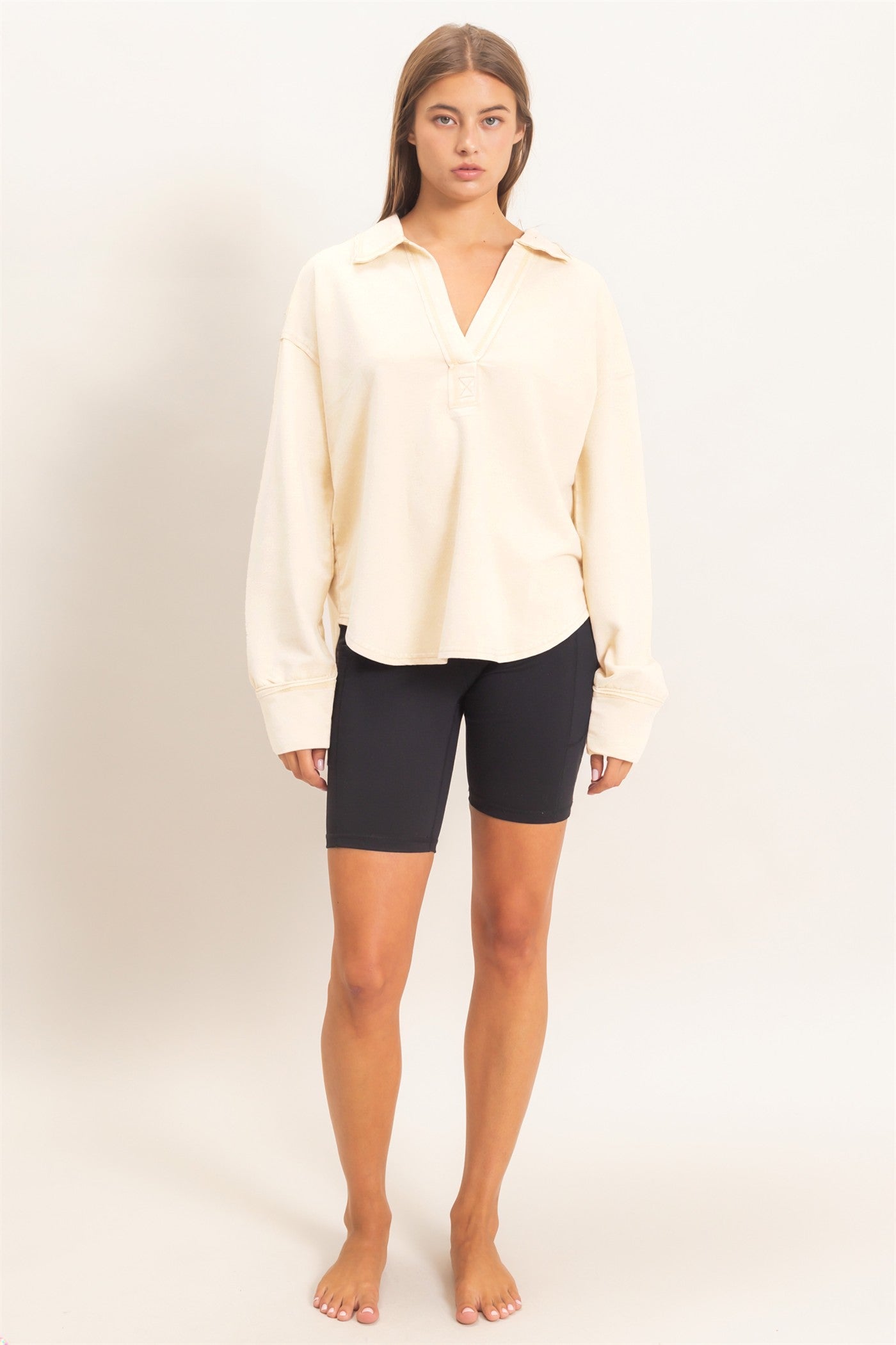 Wholesale Mineral Washed Polo Collar Long Sleeve Top Polos DZ26E887 ALPACA DOUBLE ZERO