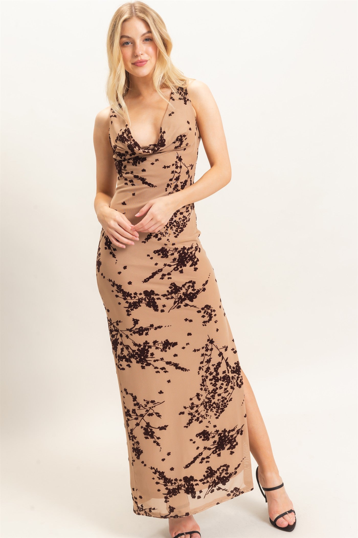 Wholesale Draped Cowl Neck Sleeveless Dress Dresses HF26C728 TAUPE HYFVE