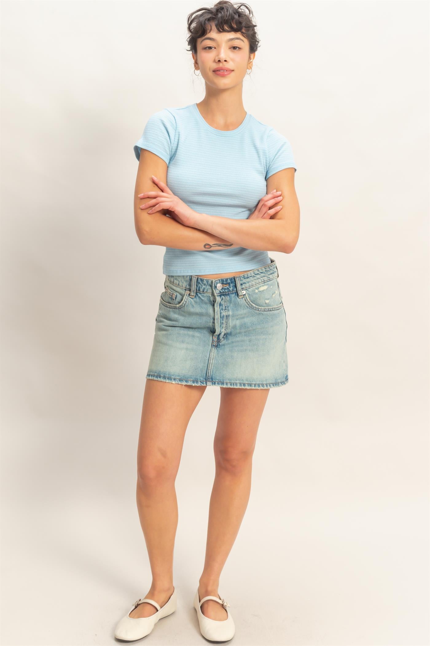 Wholesale Striped Ribbed Crew Neck Top Clothing Tops DZ26C281 BABY BLUE DOUBLE ZERO