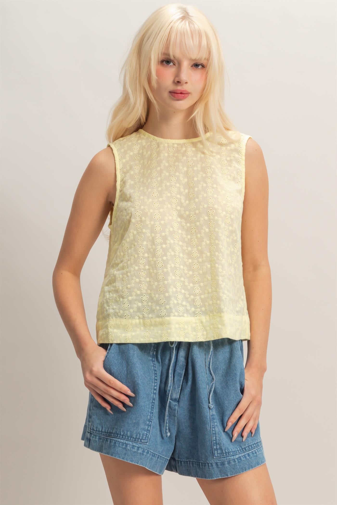 Wholesale Eyelet Sleeveless Top With Back Buttons Clothing Tops DZ26C541 PALE YELLOW DOUBLE ZERO