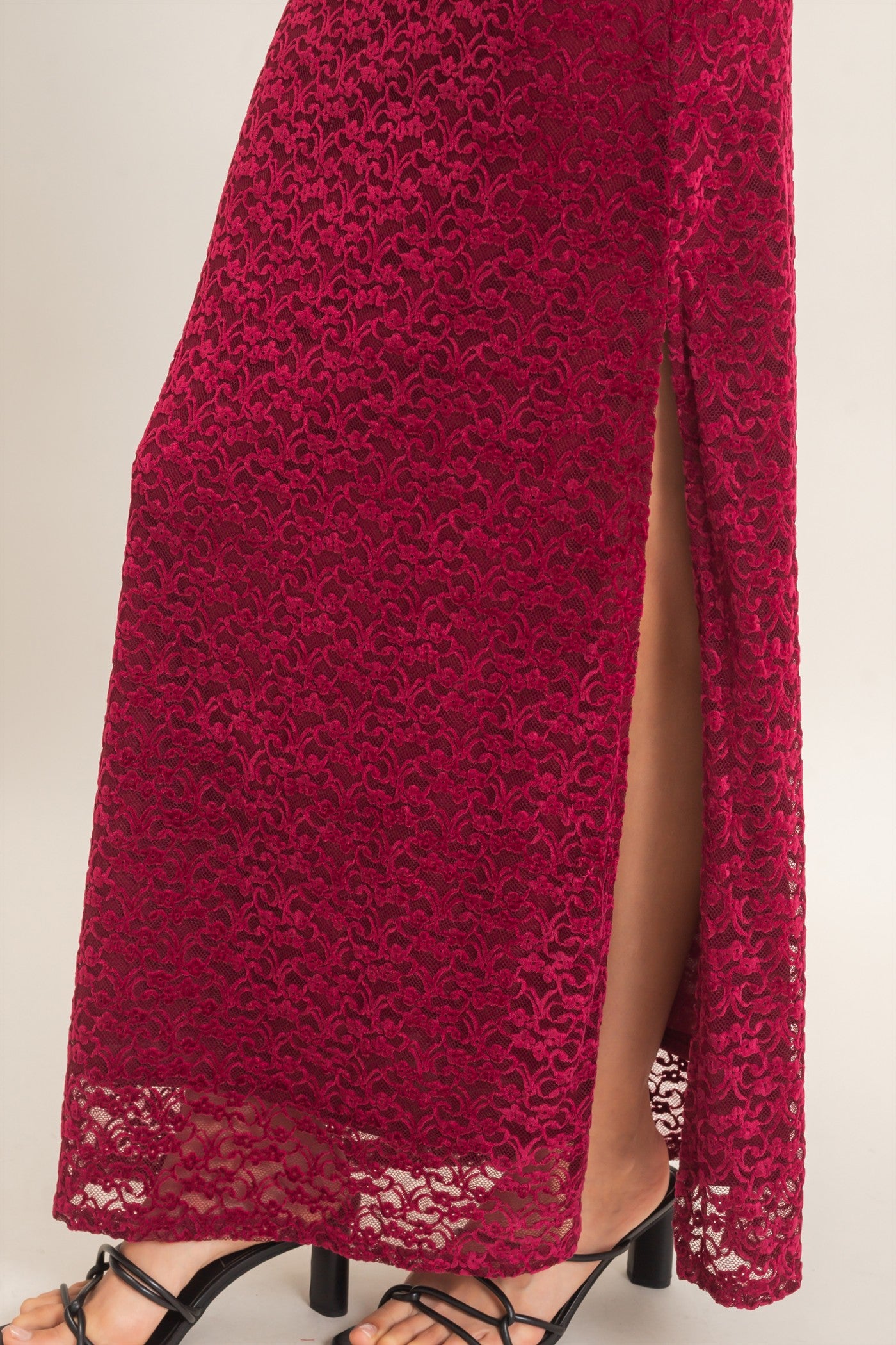 Wholesale Velvet Lace Maxi Skirt Skirts HF26E702 BURGUNDY HYFVE