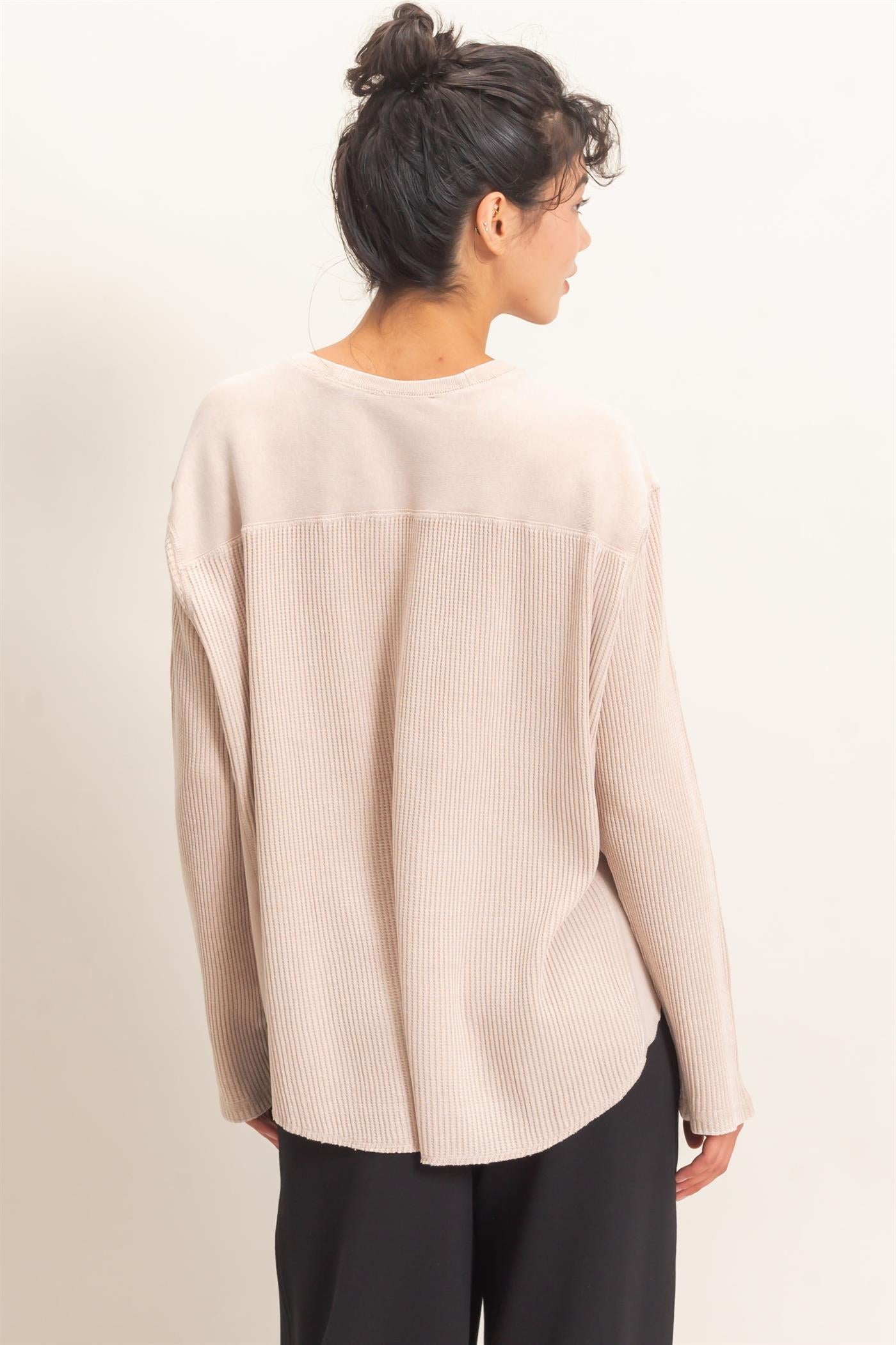 Wholesale Oversized Mineral Washed Waffle Knit Top Clothing Tops DZ26E654 DARK TAUPE DOUBLE ZERO