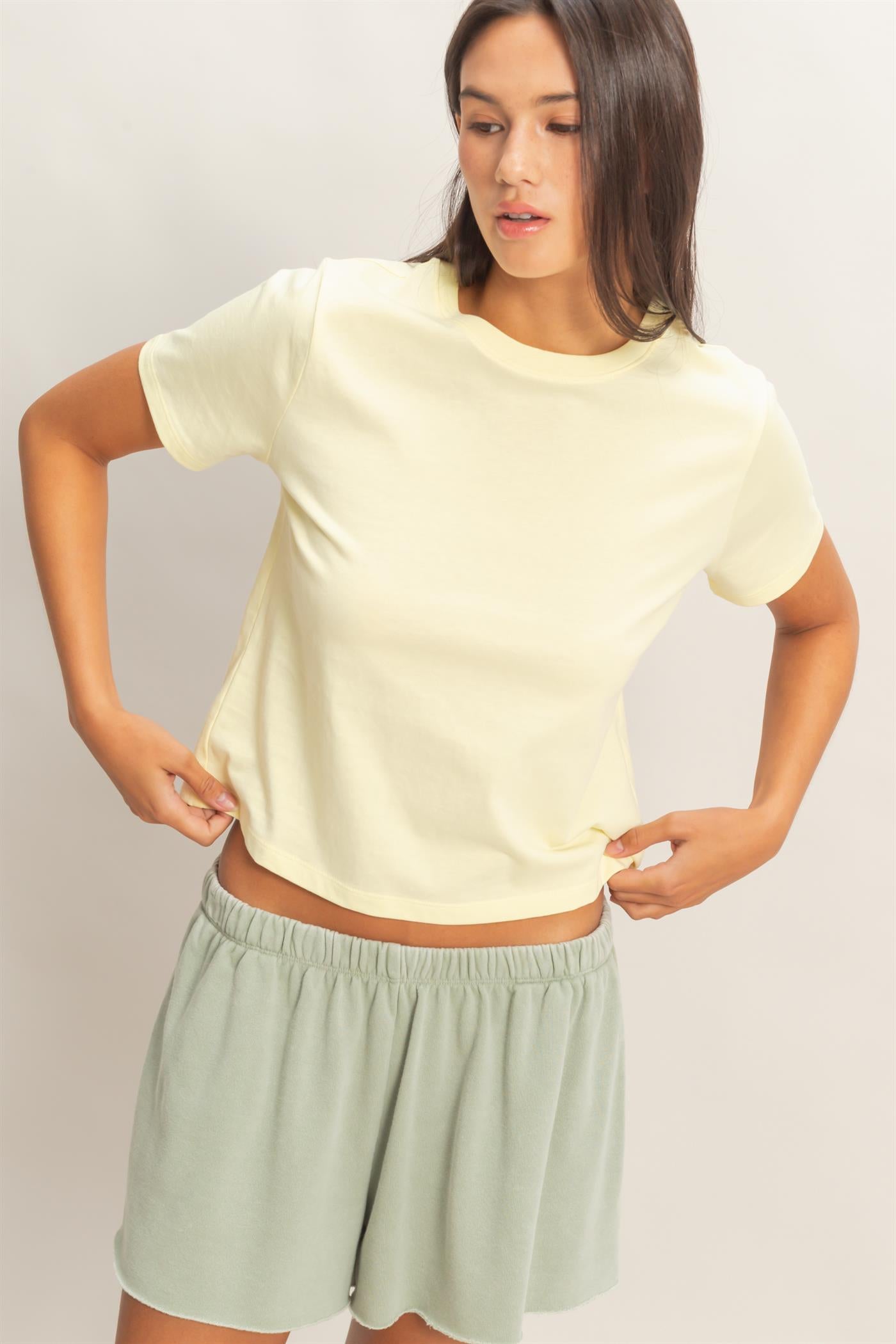 Wholesale Crew Neck Cotton T-Shirt Clothing Tops DZ26C412 PALE YELLOW DOUBLE ZERO