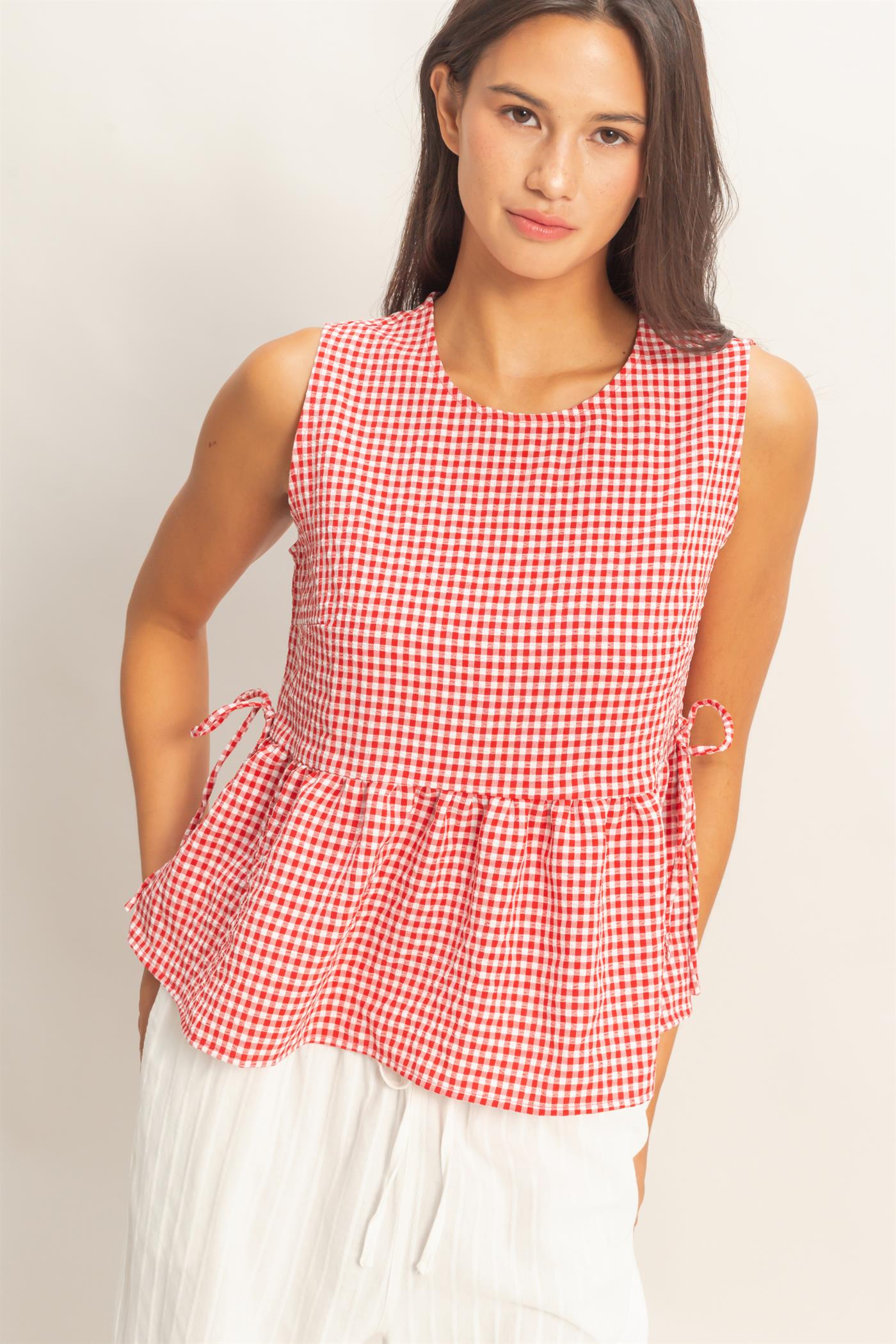 Wholesale Gingham Sleeveless Peplum Top With Side Ties Blouses DZ26C073 RED HYFVE