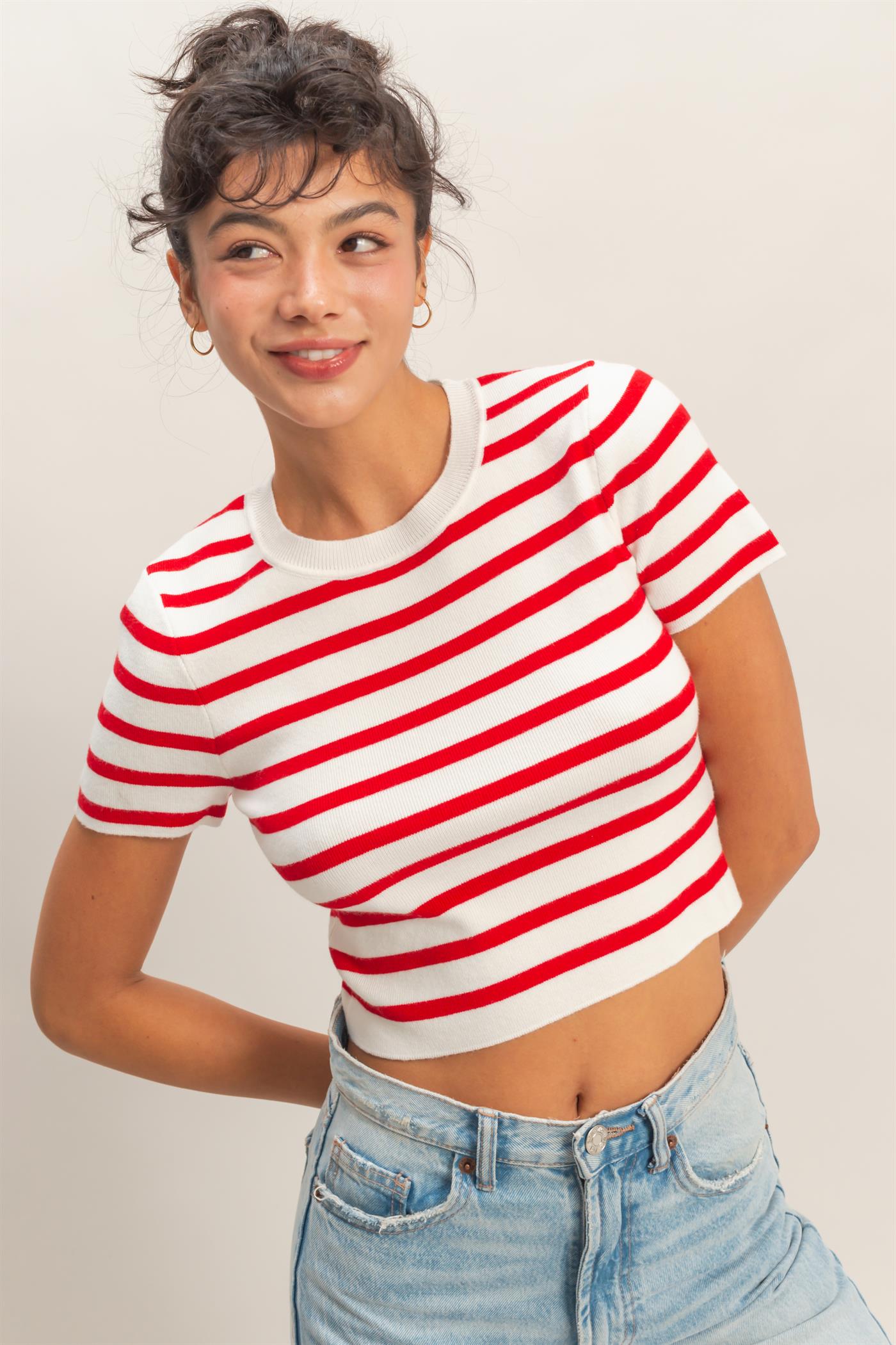 Wholesale Striped And Knit Crew Neck Crop Top Clothing Tops DZ26A139 RED DOUBLE ZERO