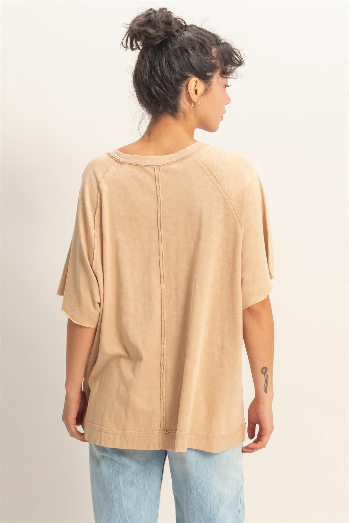 Wholesale Acid Washed Oversized Raw Edges Raglan Tee T-Shirts DZ26A333 DARK TAUPE DOUBLE ZERO
