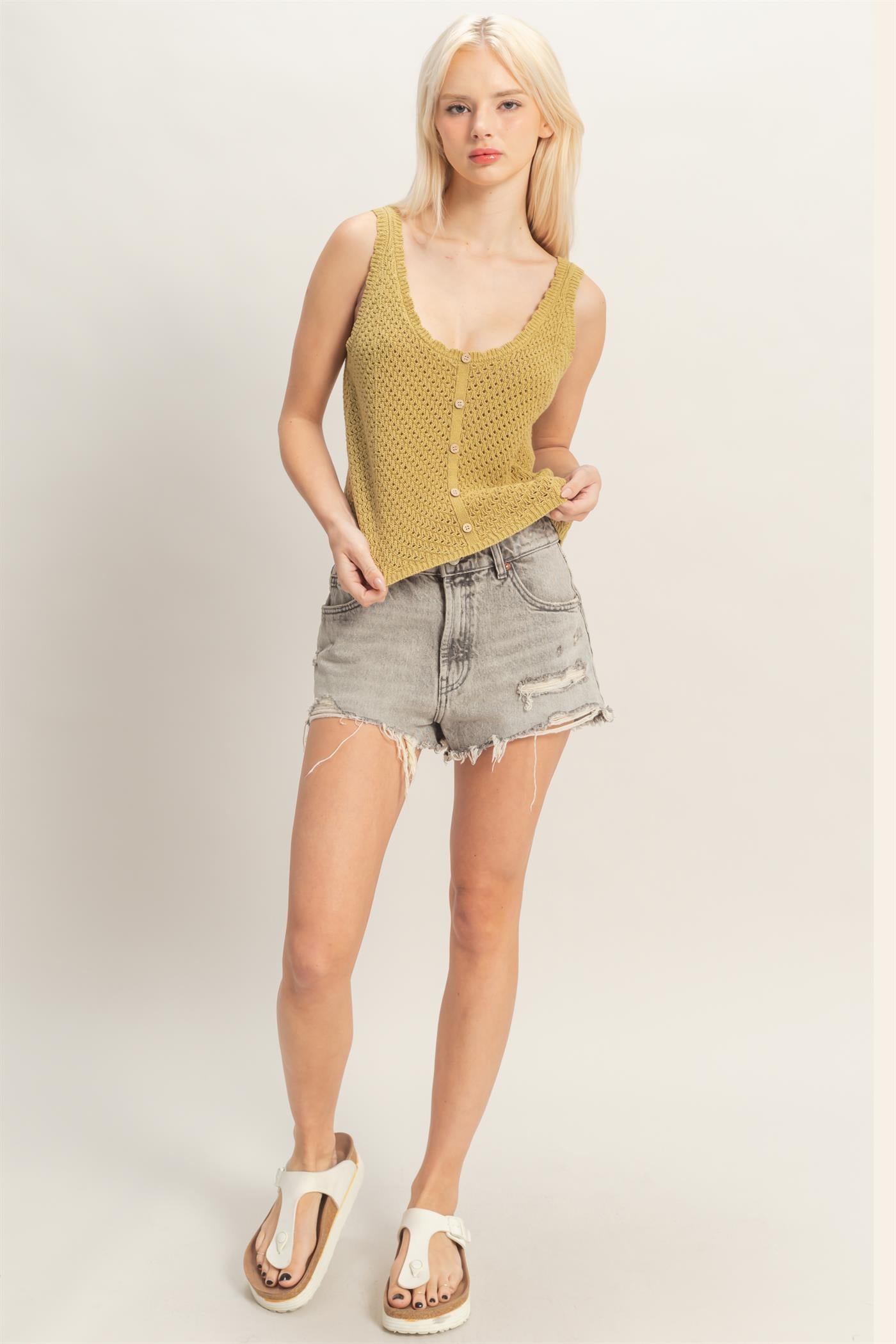 Wholesale Open Knit Scallop Edge Button Front Tank Top Tank Tops DZ26A221 OLIVE DOUBLE ZERO