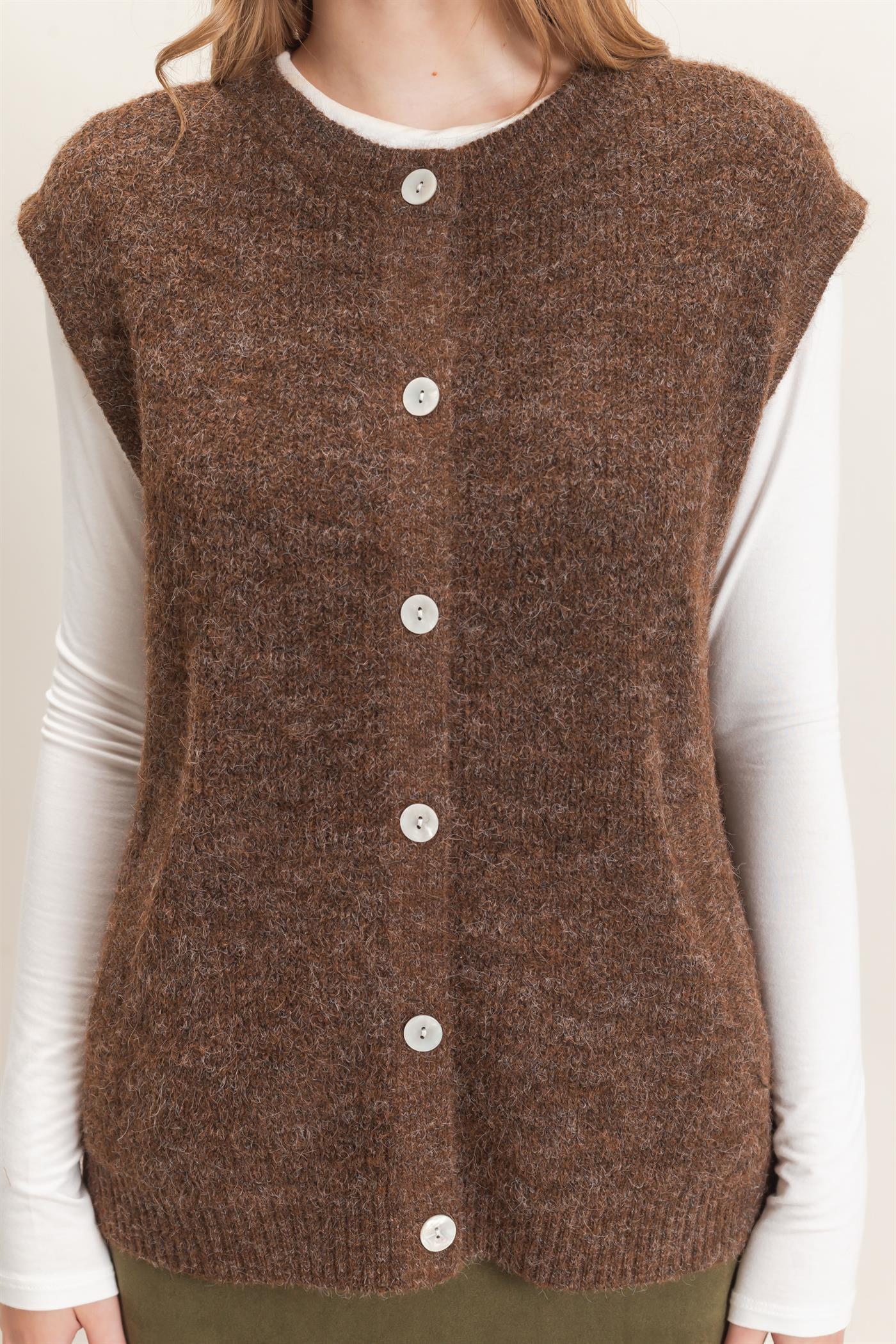 Wholesale Sleeveless Button-Up Sweater Vest Sweaters HF26E304 CHESTNUT HYFVE