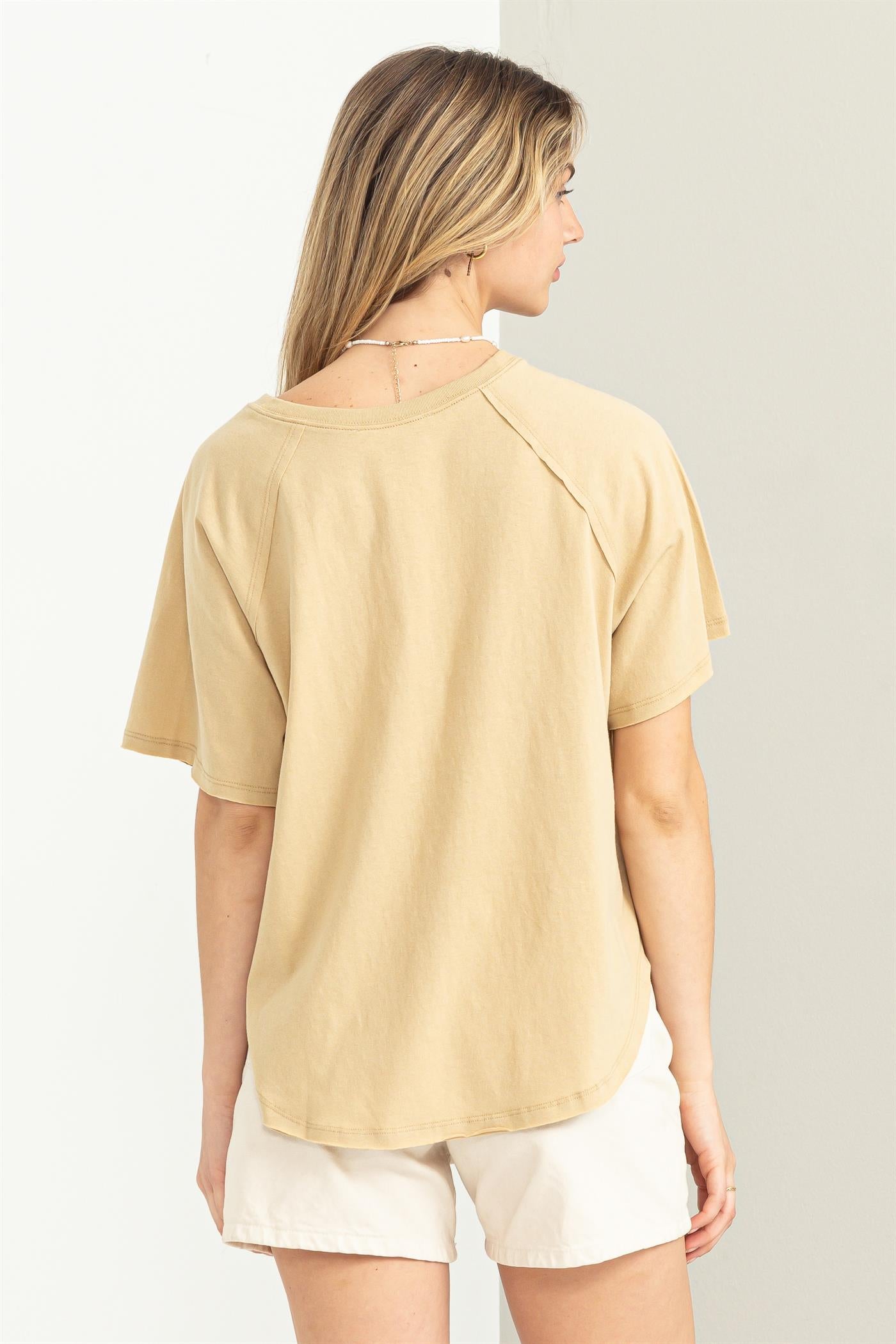 Wholesale Round Neck Curved Hem Short Sleeve T Shirt Clothing Tops DZ23C325 CAFFE LATTE HYFVE