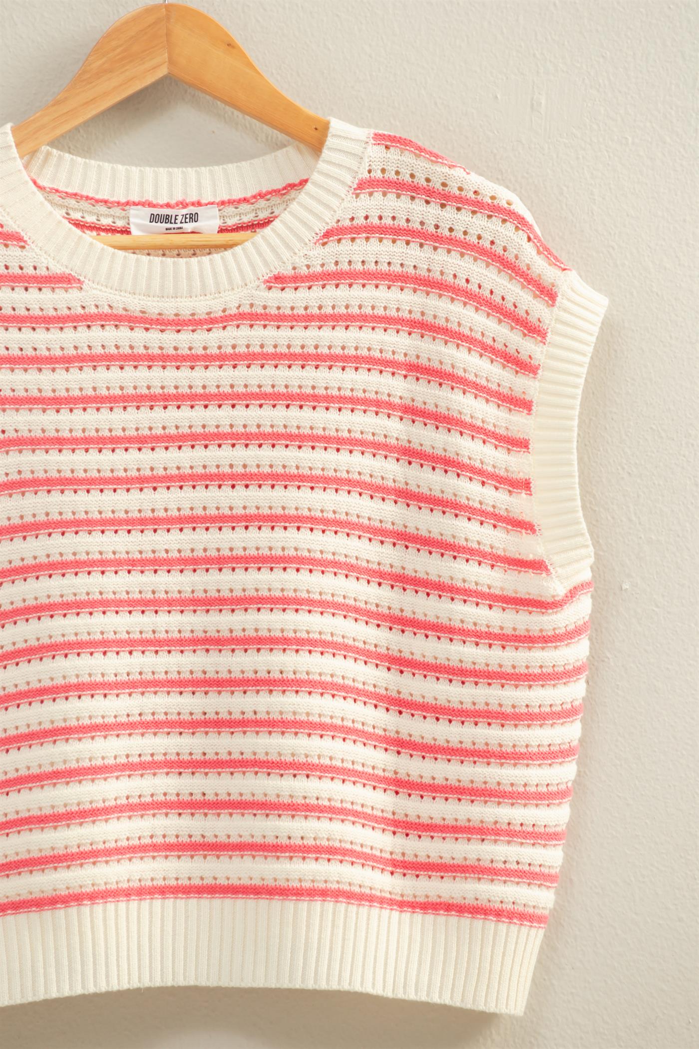 Wholesale Striped Sleeveless Crew Neck Top Sweaters DZ26A222 TAFFY PINK DOUBLE ZERO