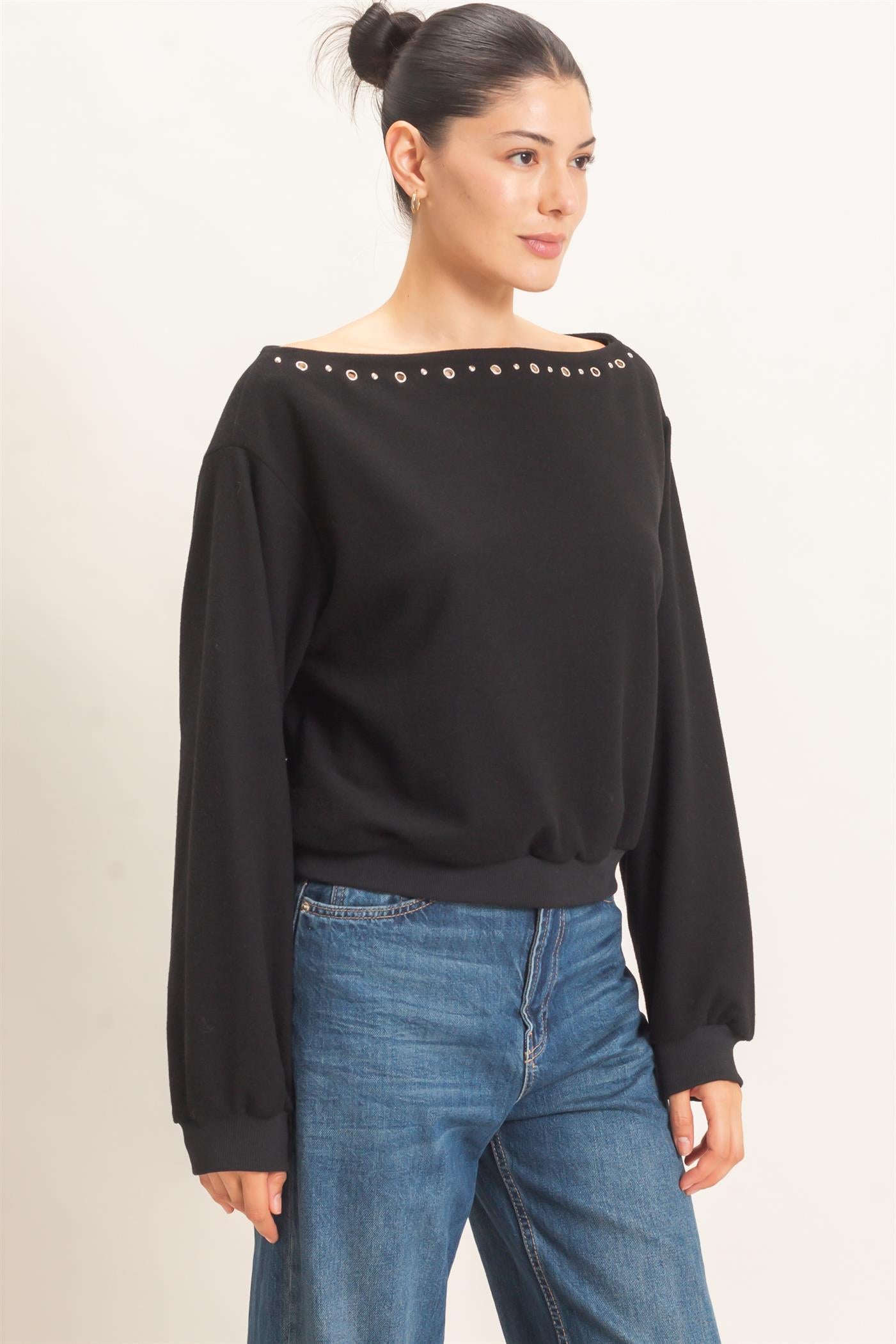 Wholesale Studded Crew Neck Sweatshirt Sweatshirts HF26E545 BLACK HYFVE
