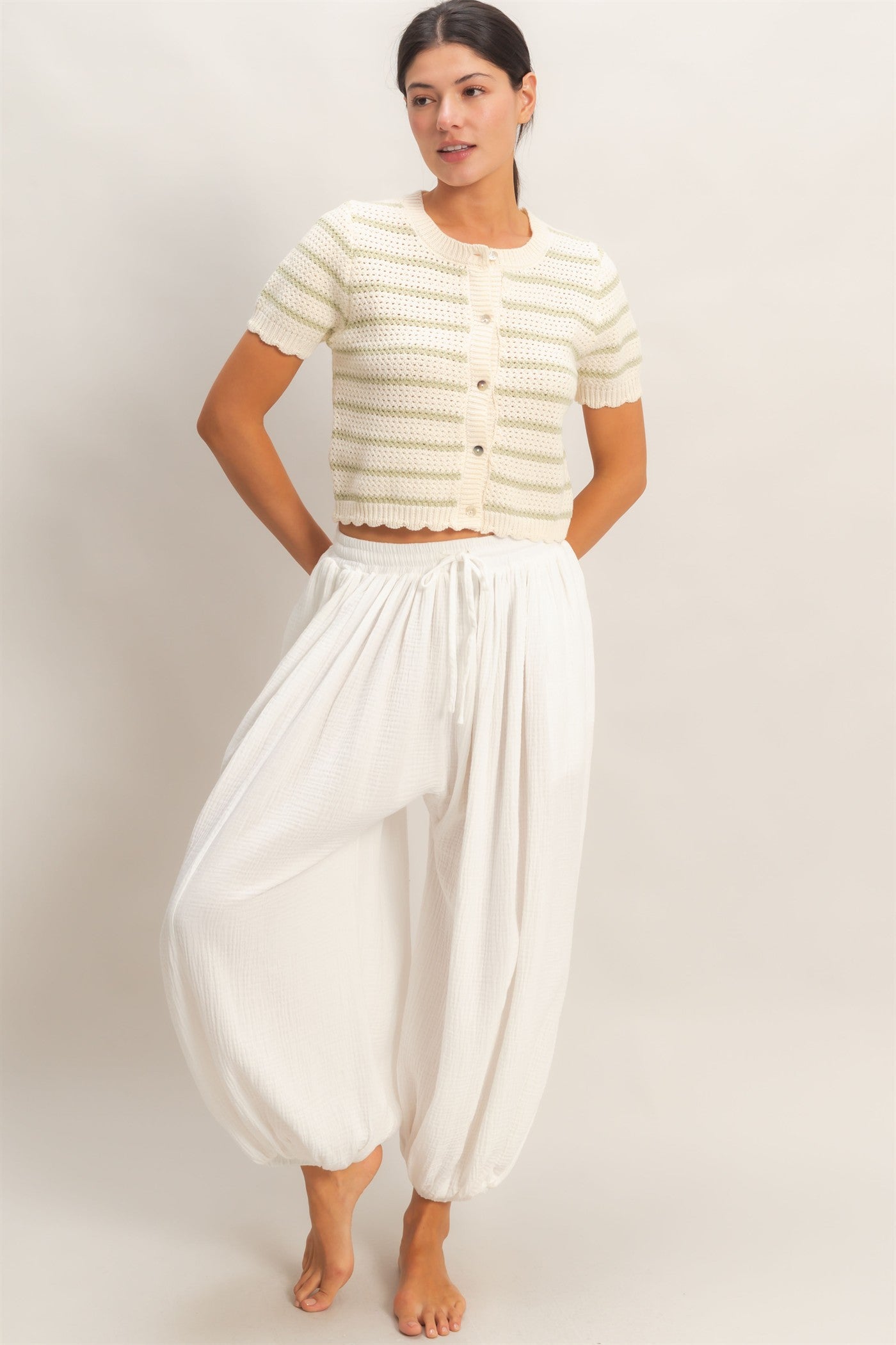 Wholesale Striped Short Sleeve Cardigan With Scallop Edge Cardigans DZ26A605 SAGE GREEN DOUBLE ZERO
