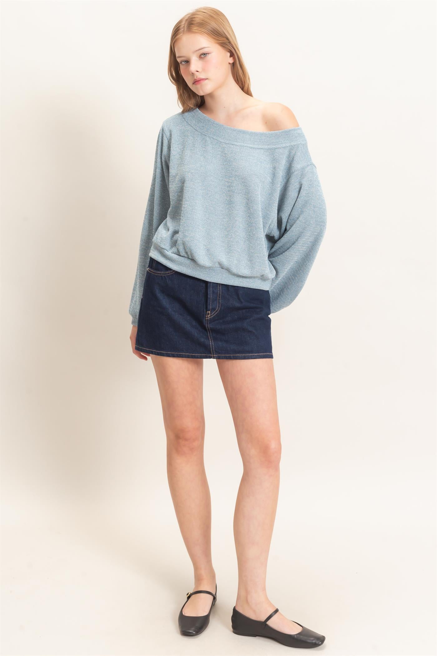 Wholesale Off Shoulder Knit Sweatshirt Blouses HF26F028 BLUE HYFVE