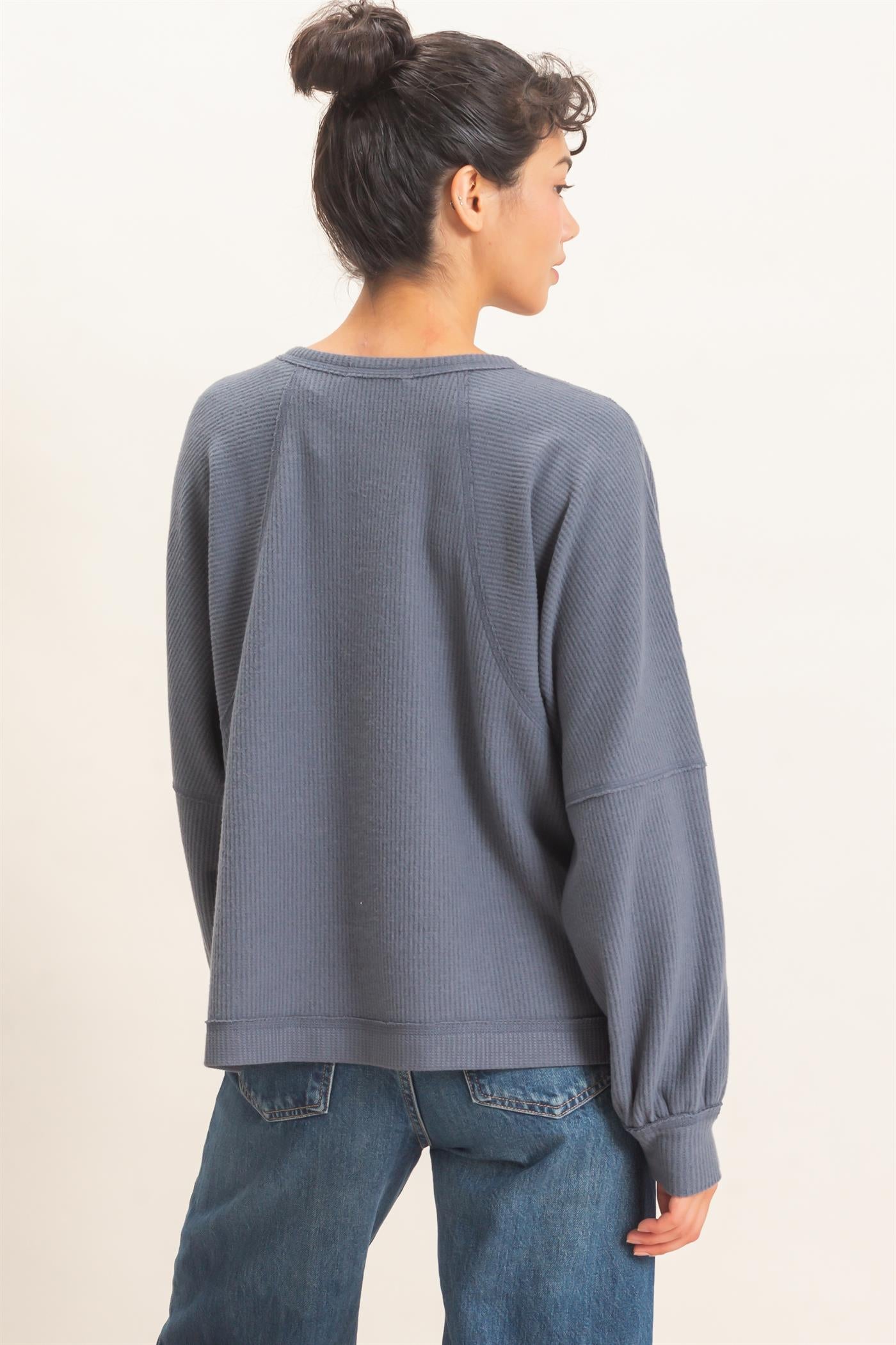 Wholesale Brushed Waffle Long Sleeve Top Clothing Tops DZ26F312 DARK GRAY DOUBLE ZERO