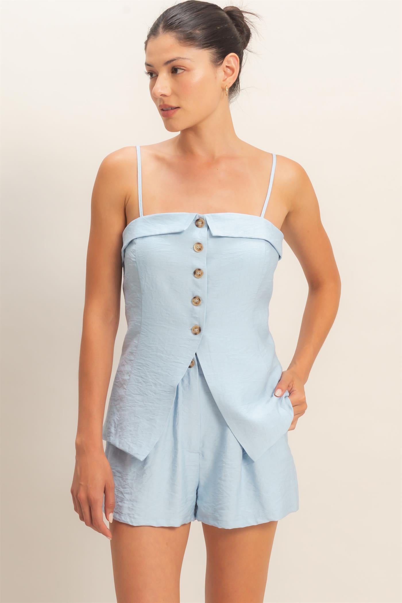 Wholesale Strap Buttoned Top And Shorts Set Clothing DZ26C115-SET ICE BLUE HYFVE