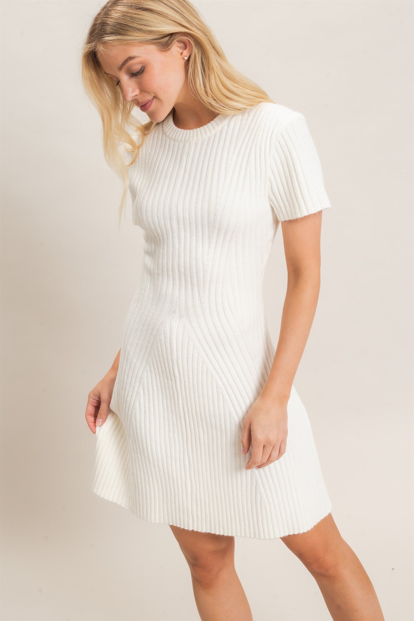 Wholesale Ribbed Crew Neck Dress Dresses HF26C989 CREAM HYFVE