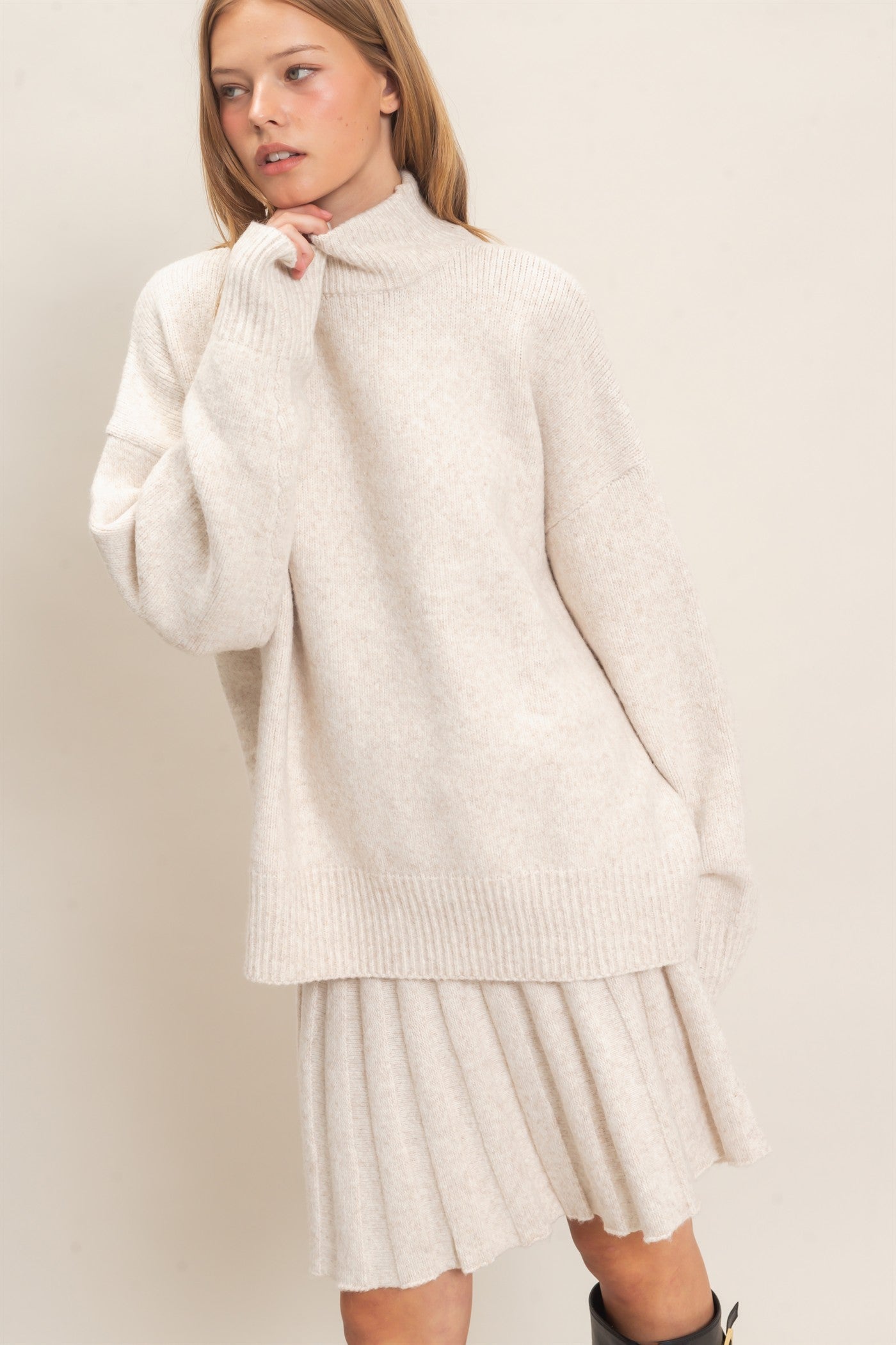 Wholesale Mock Neck Sweater And Pleated Skirt Set Clothing HF26F232-SET ECRU HYFVE
