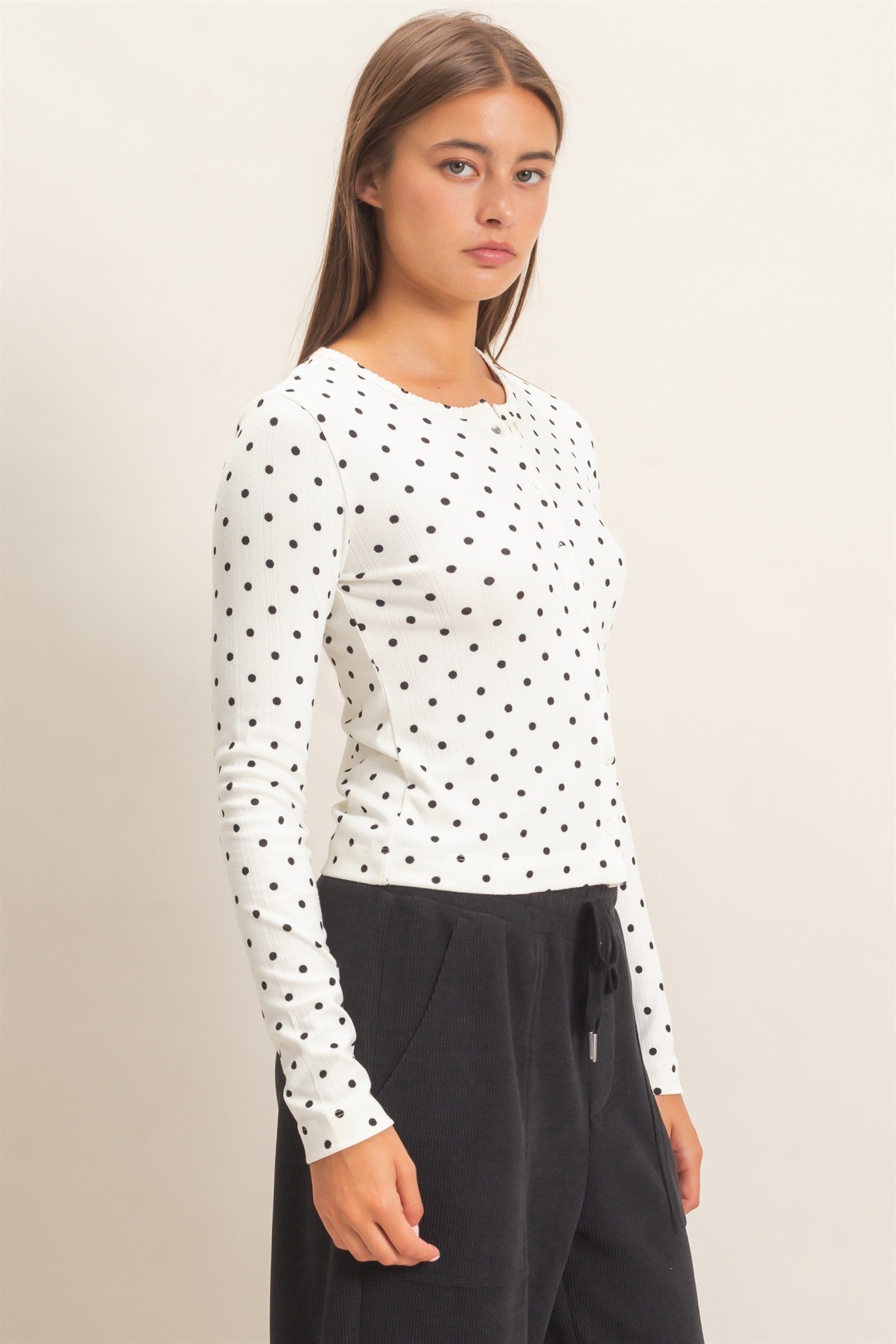 Wholesale Polka Dot Button Front Long Sleeve Top Clothing Tops DZ27A156 CREAM DOUBLE ZERO