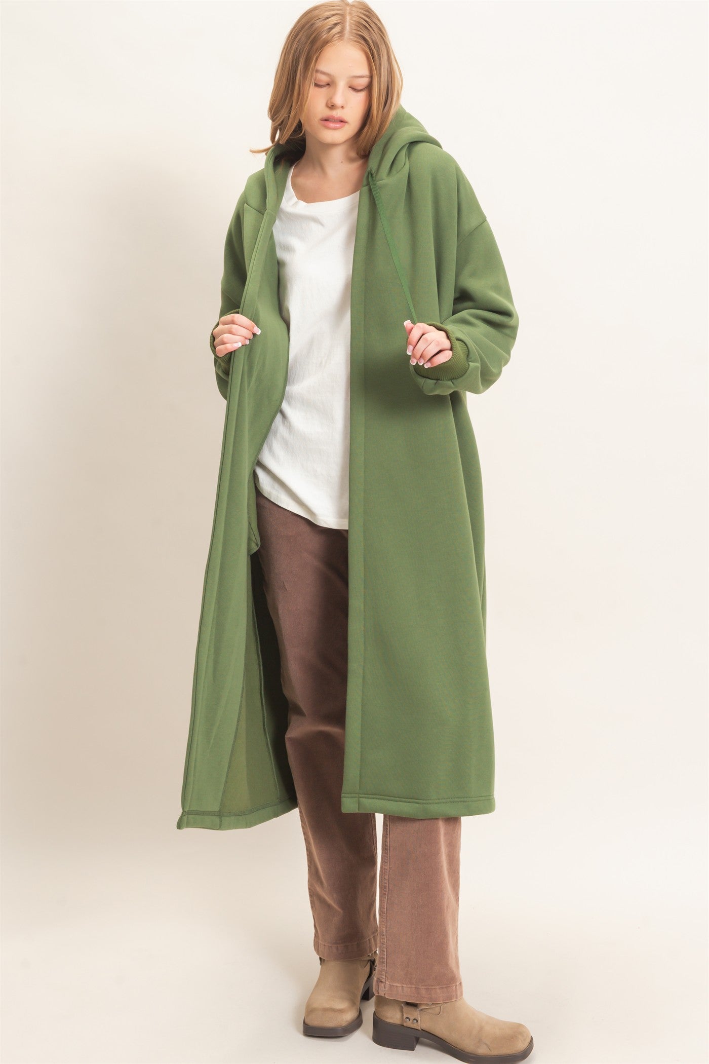 Wholesale Oversized Hooded Open Front Coat Coats & Jackets HF26F142-D OLIVE HYFVE