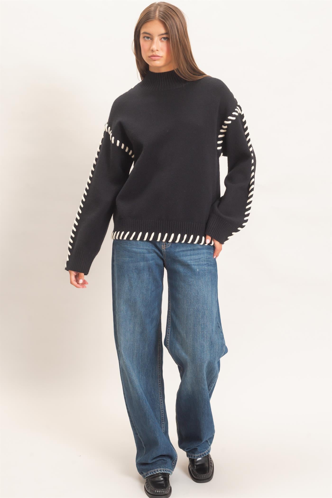 Wholesale Blanket Stitch High Neck Sweater Sweaters DZ27A190 BLACK DOUBLE ZERO