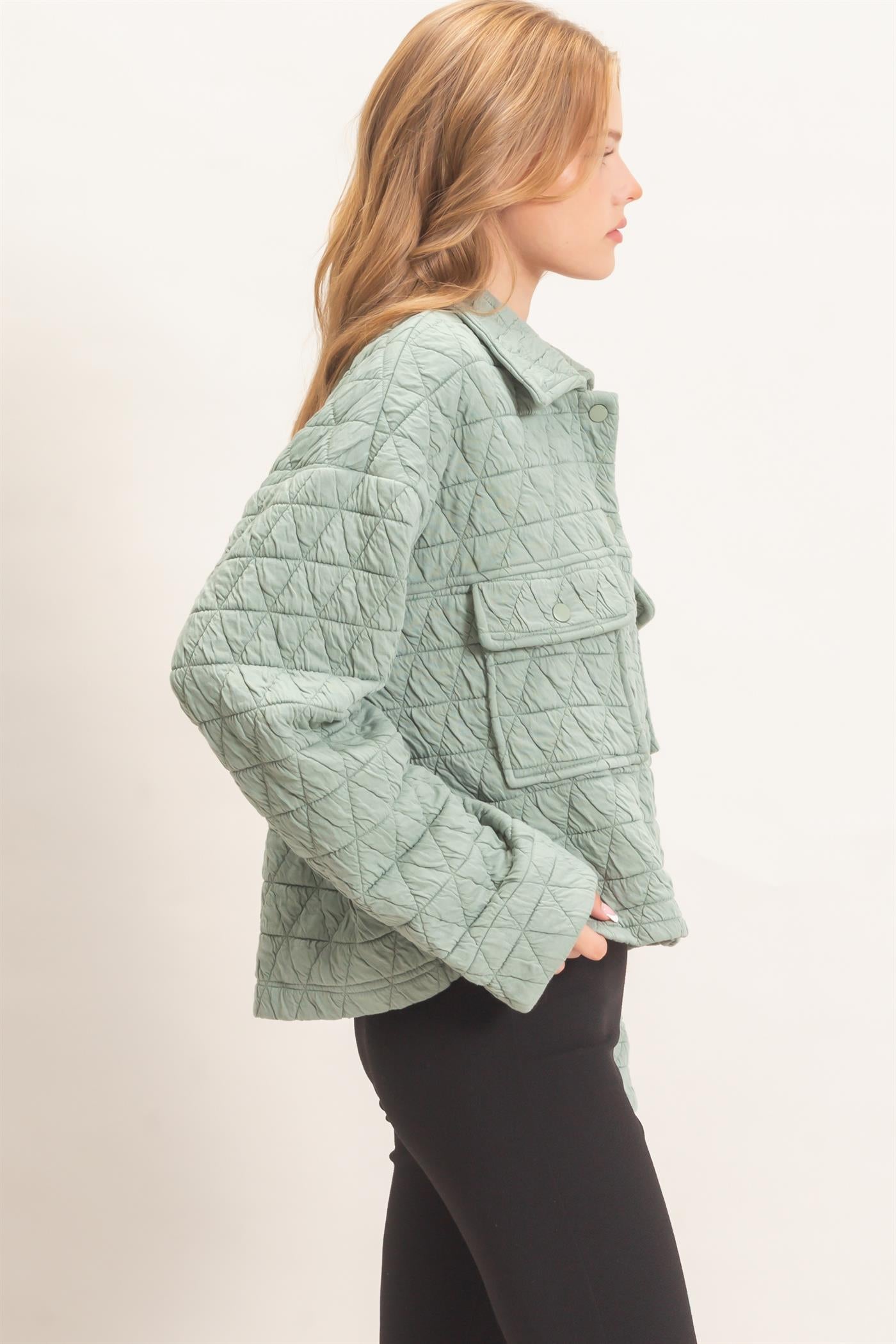 Wholesale Triangle Quilted Button-Up Jacket Coats & Jackets HF26F145 DUSTY SAGE DOUBLE ZERO