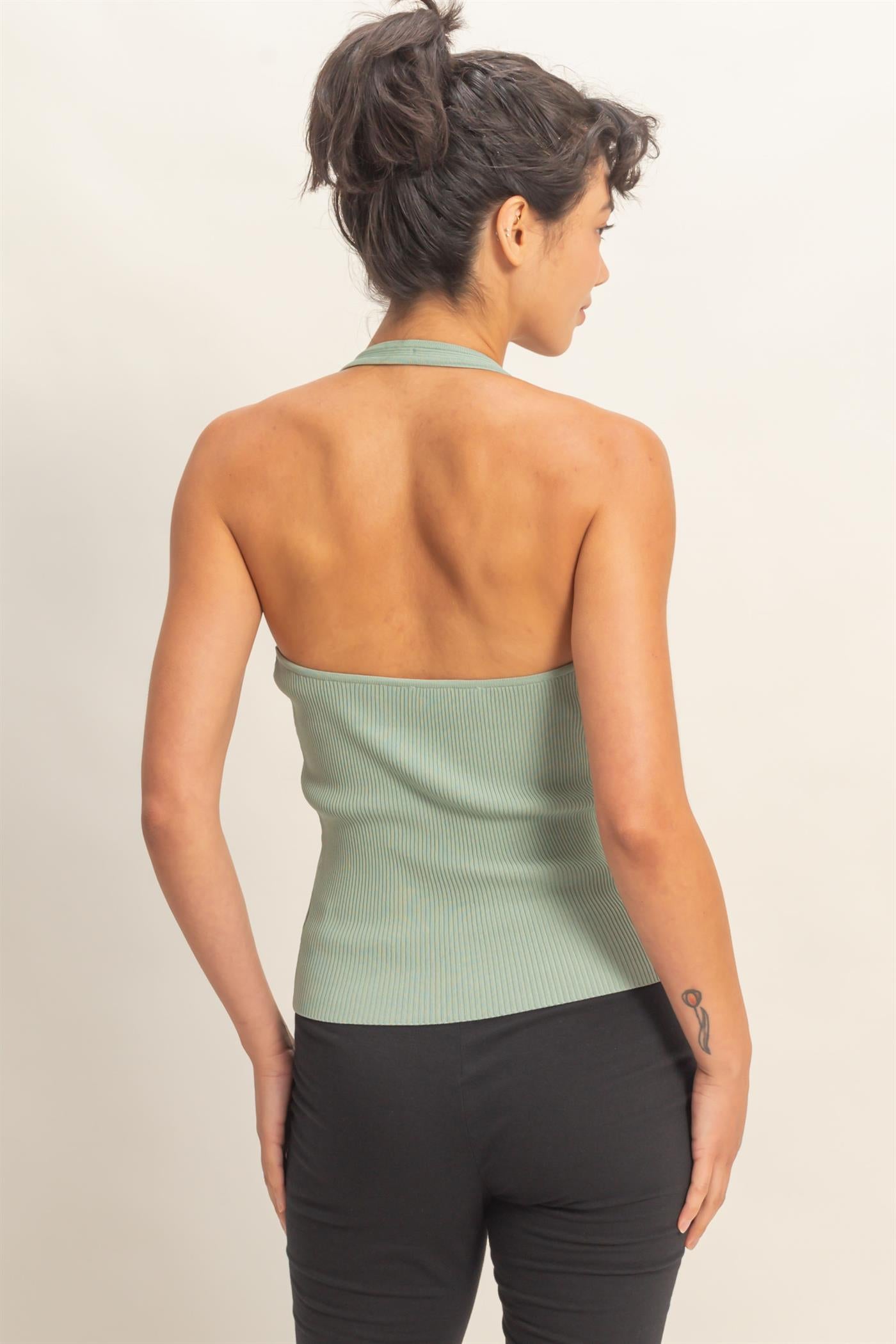 Wholesale Ribbed Halter Neck Top Clothing Tops DZ26C628 SAGE GREEN DOUBLE ZERO