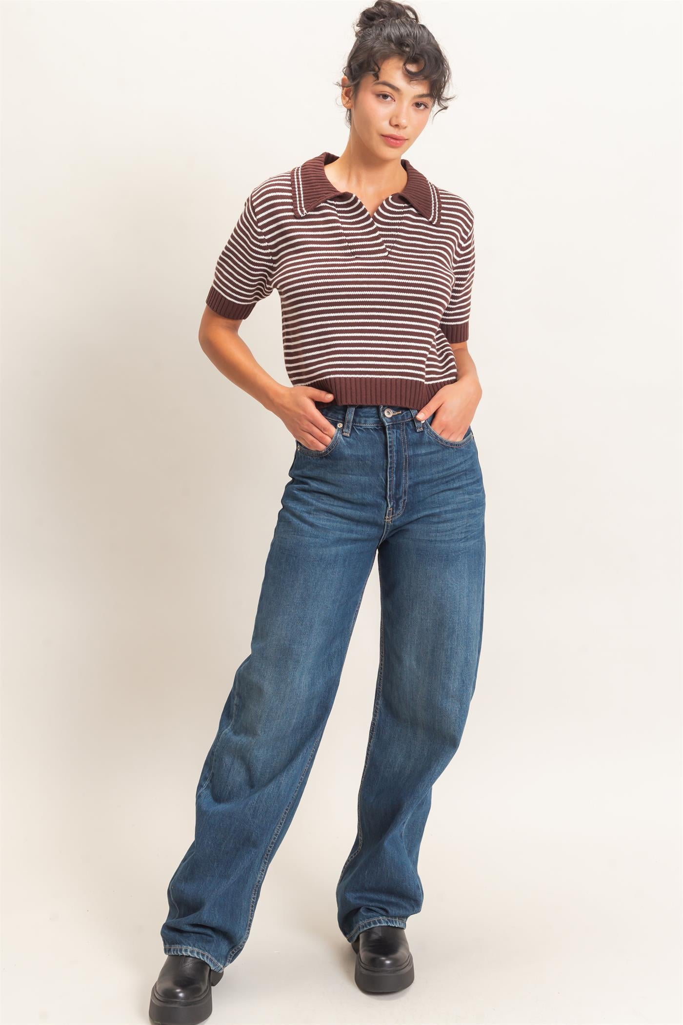 Wholesale Striped Short Sleeve Collar Knit Top Clothing Tops DZ26E261 DARK BROWN DOUBLE ZERO