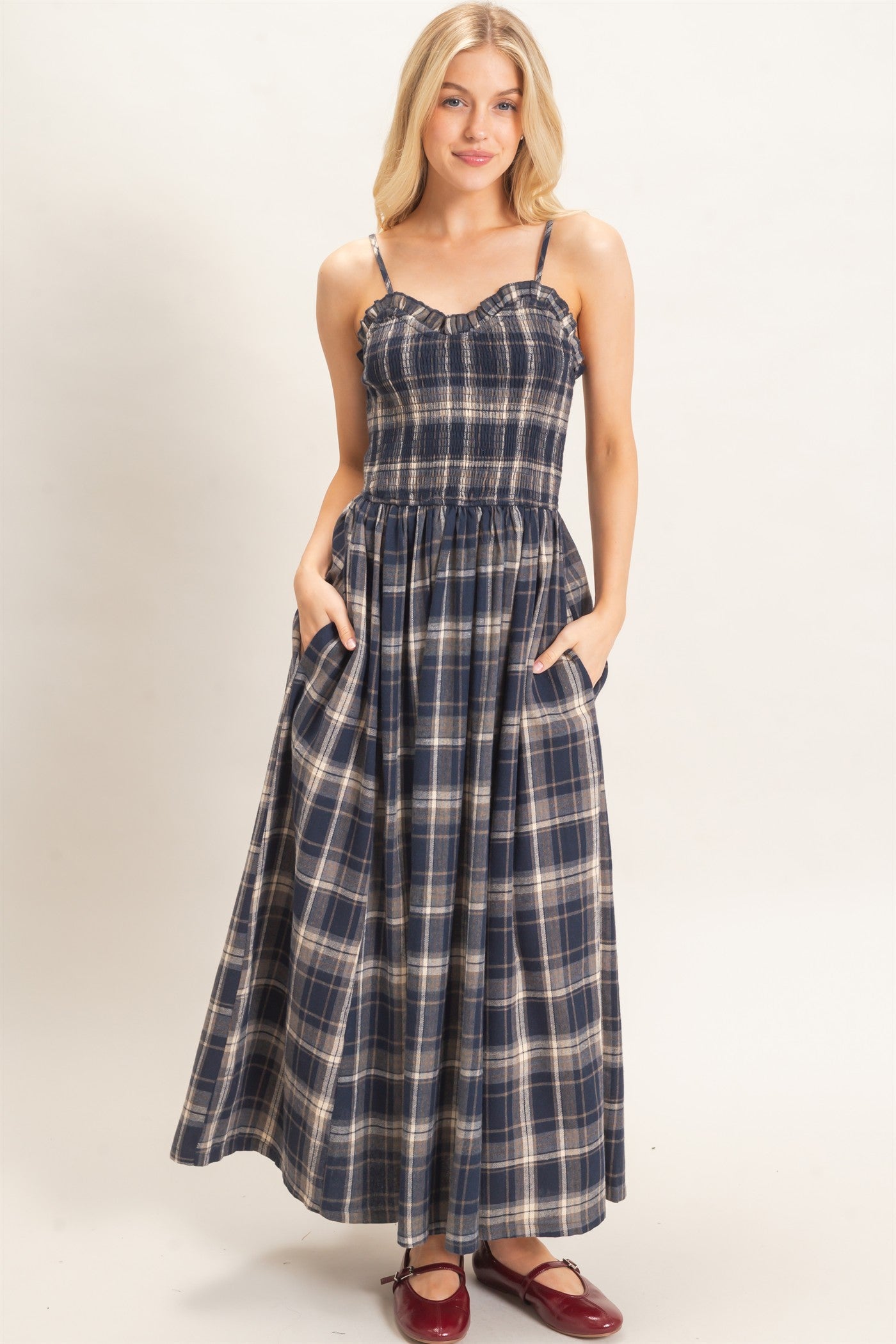 Wholesale Plaid Smocked Maxi Dress Dresses HF26C898 NAVY HYFVE