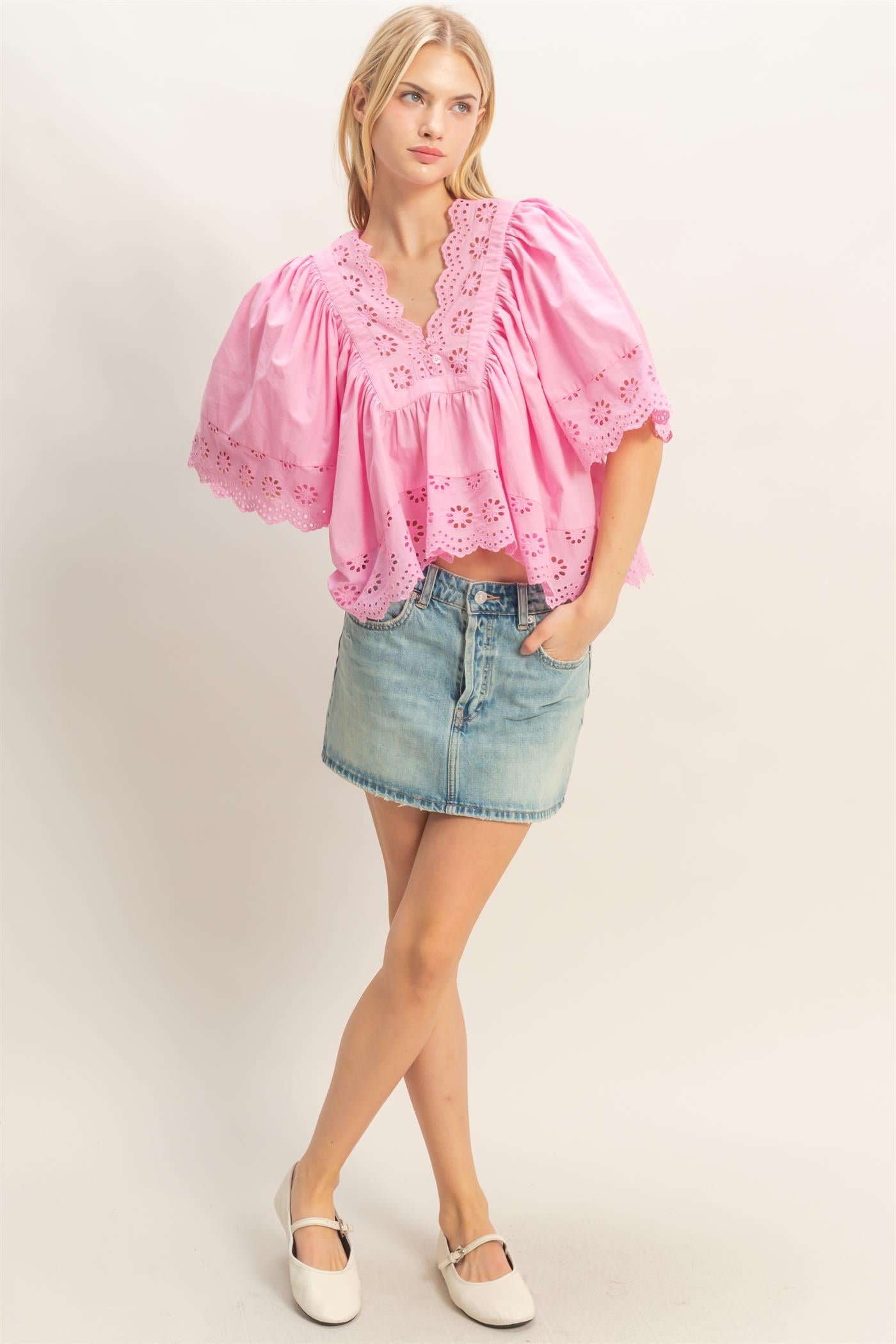 Wholesale Scalloped Eyelet Babydoll Top Clothing Tops HF26C293 PINK HYFVE