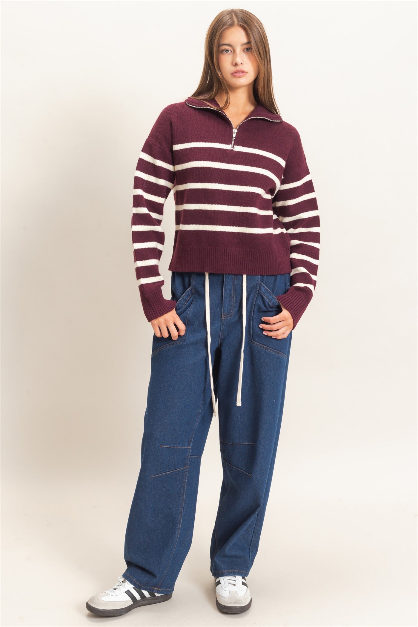 Wholesale Half-Zip Collared Stripe Sweater Sweaters DZ26E950 DARK CHERRY DOUBLE ZERO