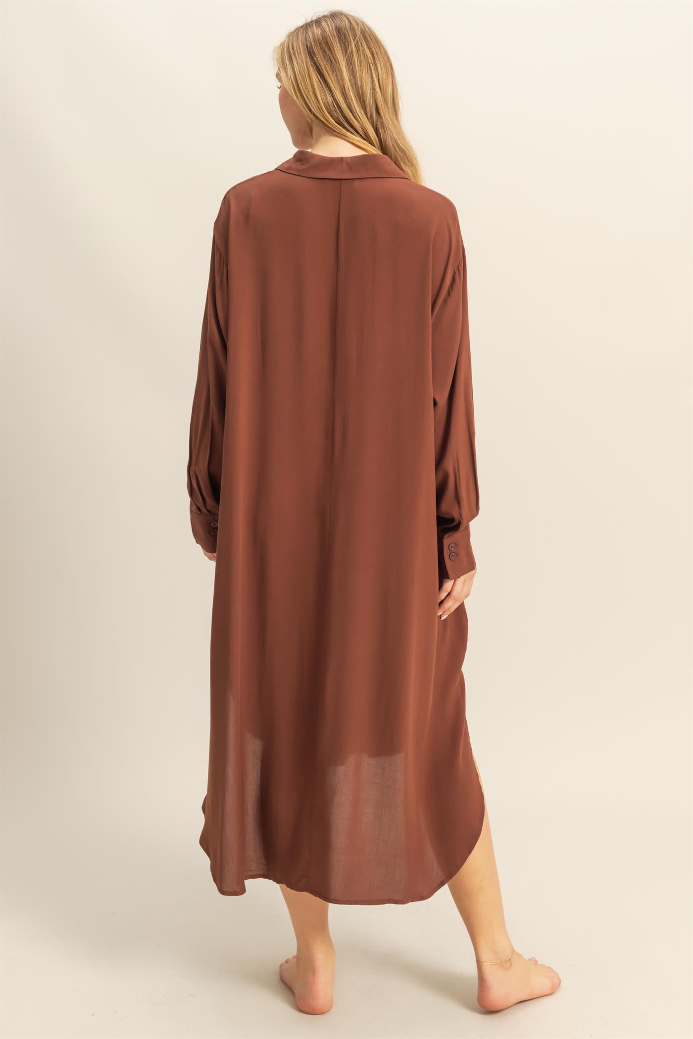 Wholesale V-Neck Long Sleeved Midi Shirts Dress Dresses DZ24E706 CHESTNUT DOUBLE ZERO