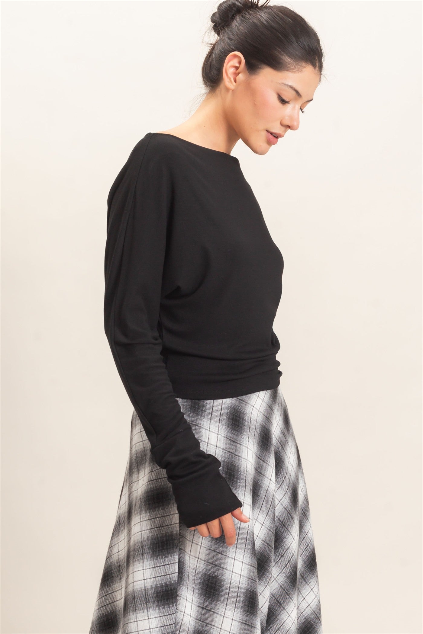 Wholesale Wide Boat Neck Dolman Sleeve Top Shirts HF26C883 BLACK HYFVE