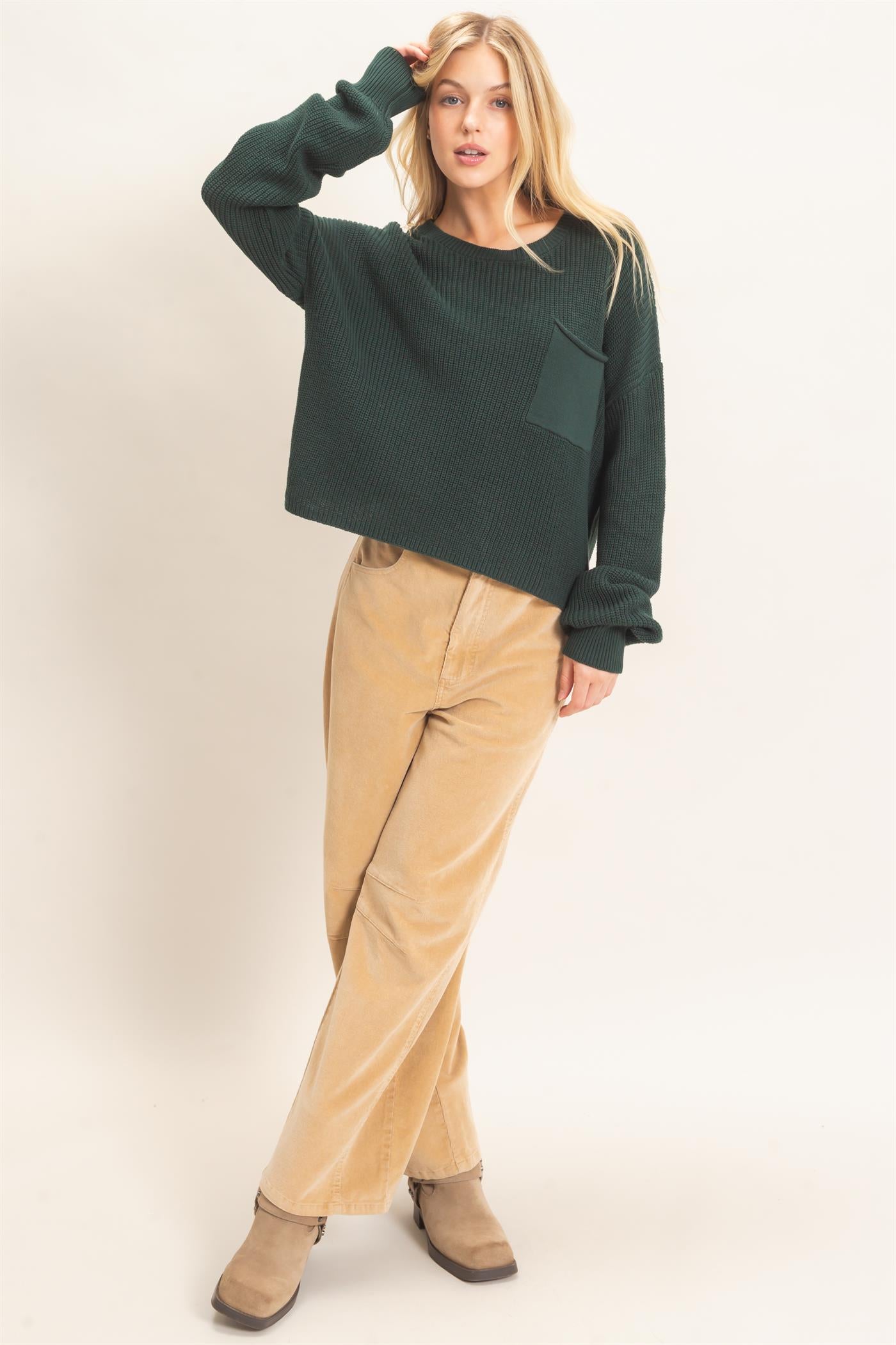 Wholesale Ribbed Drop Shoulder Sweater Sweaters HF26F181 D.GREEN HYFVE