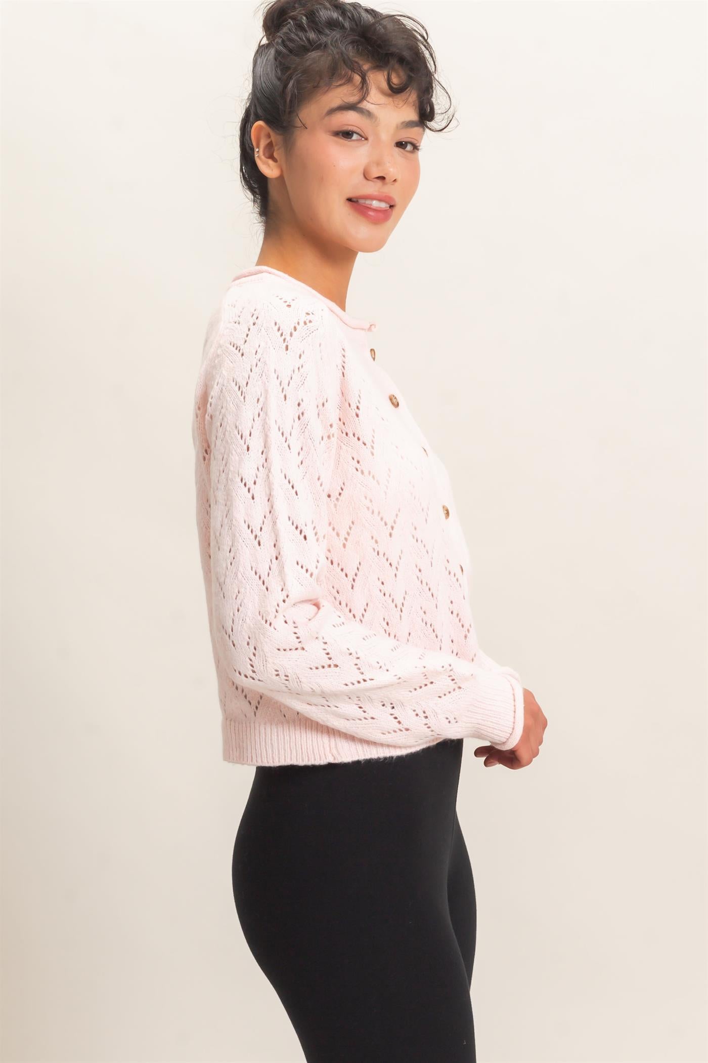 Wholesale Pointelle Knit Button Front Cardigan Cardigans DZ26C978 LIGHT PINK DOUBLE ZERO