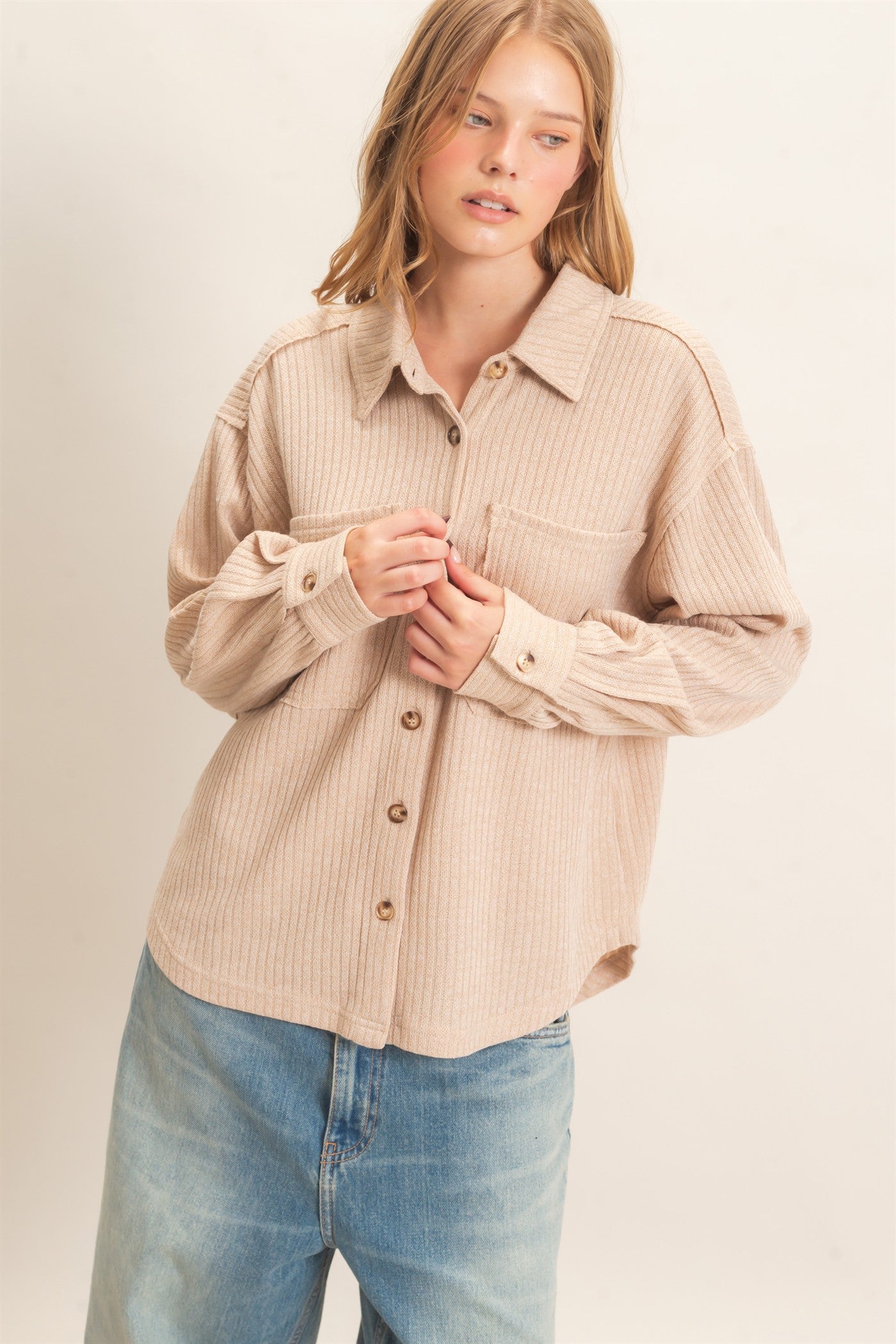 Wholesale Corduroy Button-Up Shirt Shirts HF26F138 BEIGE HYFVE