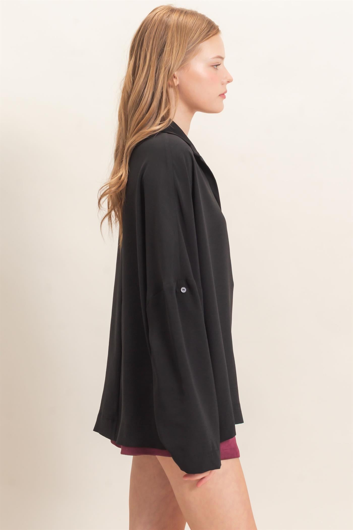 Wholesale Buttoned Collar Split Sleeve Top Clothing Tops HF26F071 BLACK HYFVE