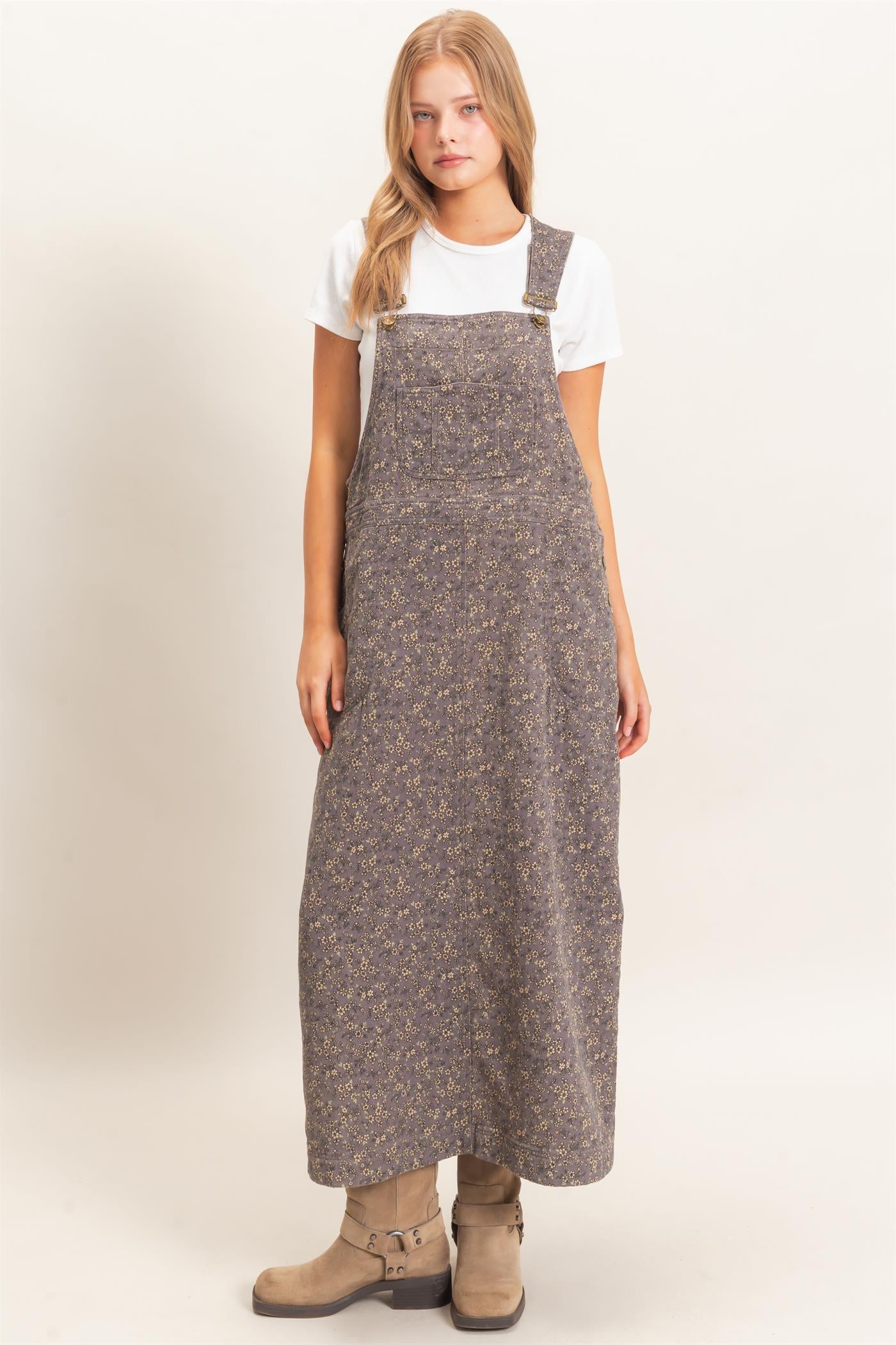 Wholesale Floral Garment Wash Overall Dress Dresses HF26C838 ASH HYFVE