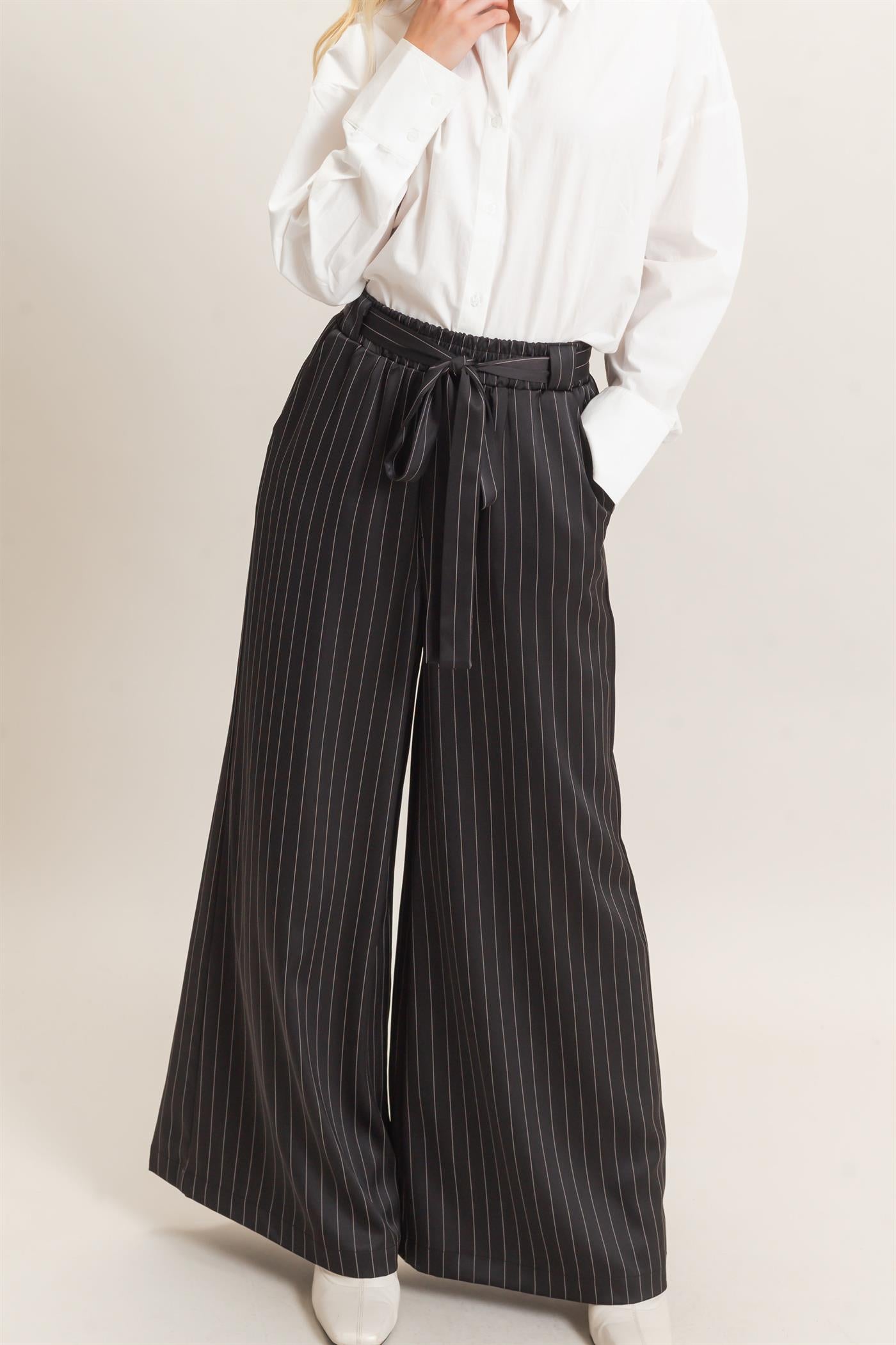 Wholesale Pinstripe Wide-Leg Pants Pants HF25F030 BLACK HYFVE