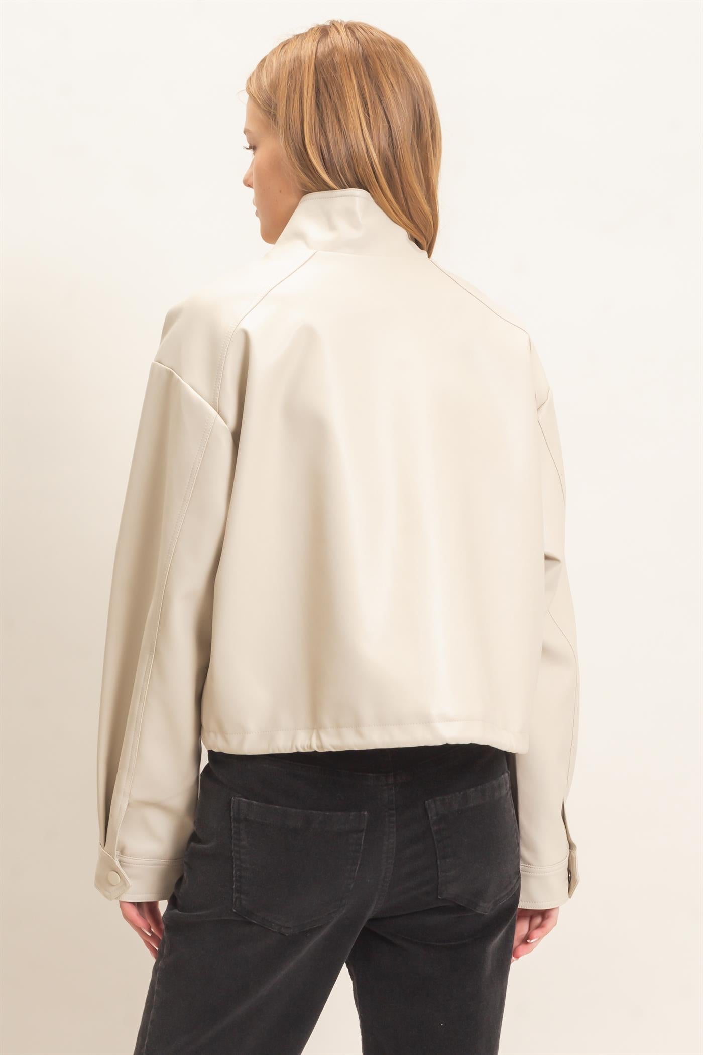 Wholesale Faux Leather Jacket With Stand Collar Bomber Jackets HF25F452 OATMEAL HYFVE