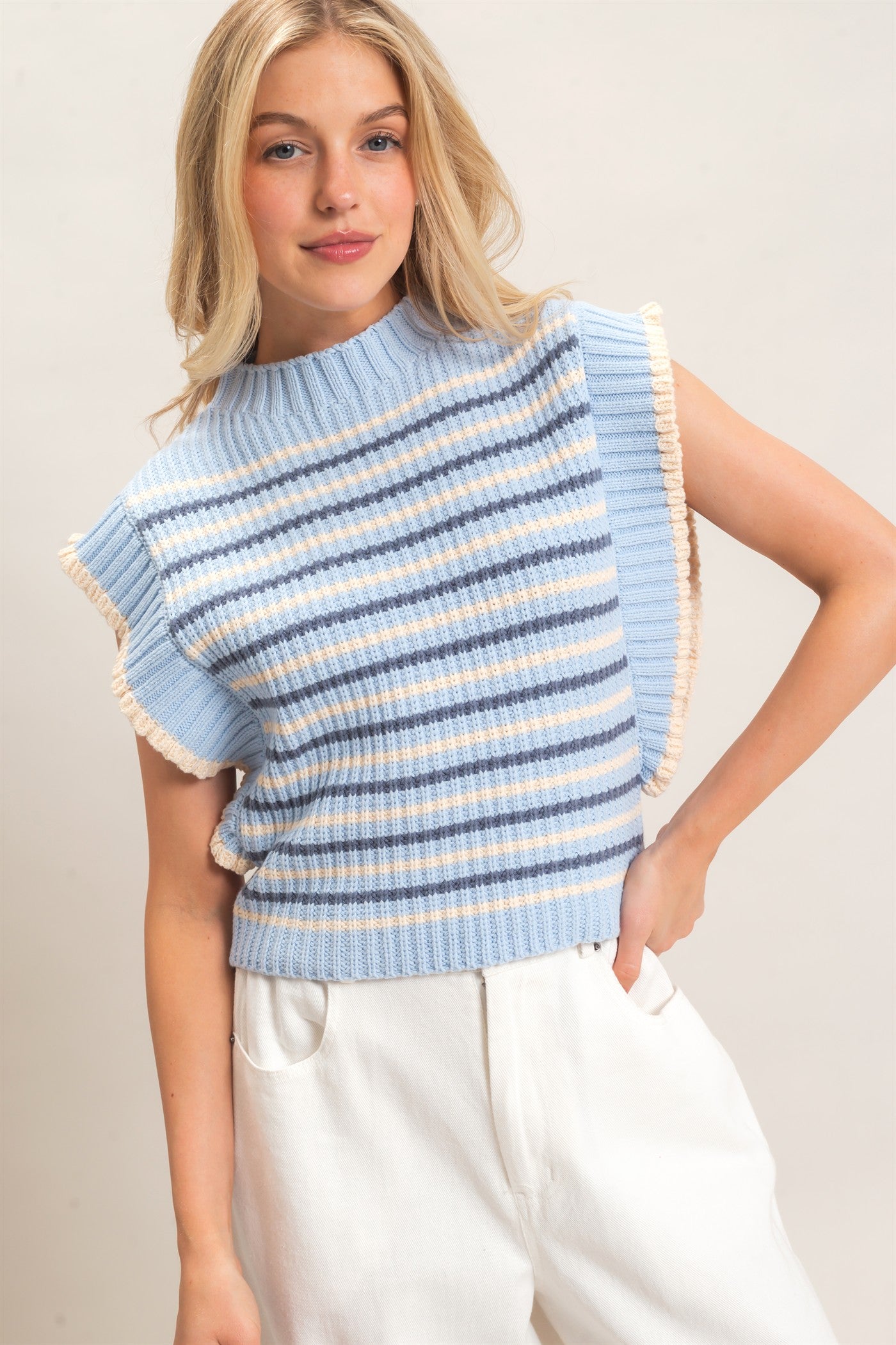 Wholesale Ribbed Ruffle Sleeve Sweater Sweaters HF26F182 L.BLUE HYFVE