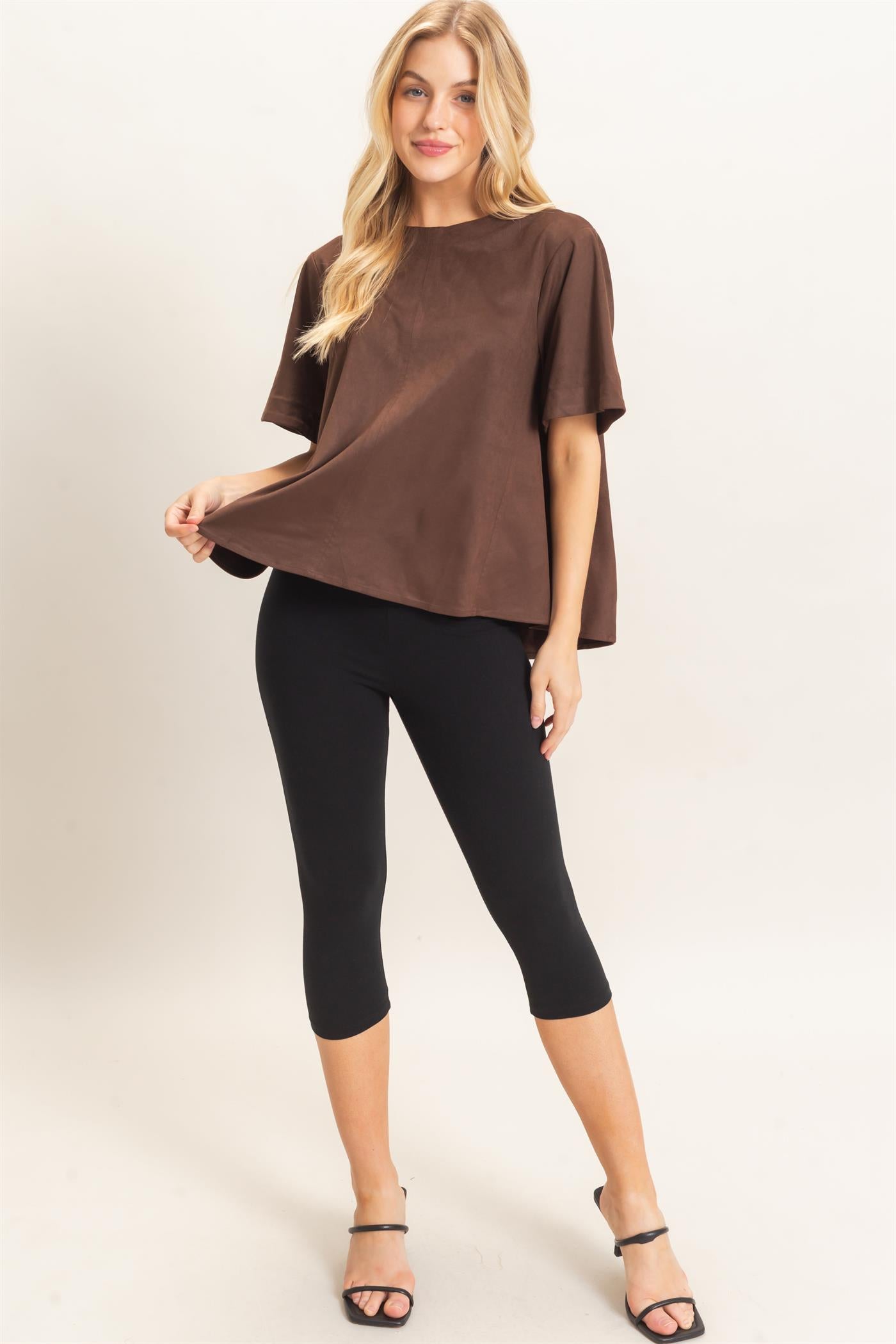 Wholesale Suede Boat Neck Top Clothing Tops HF26E351 CHESTNUT HYFVE