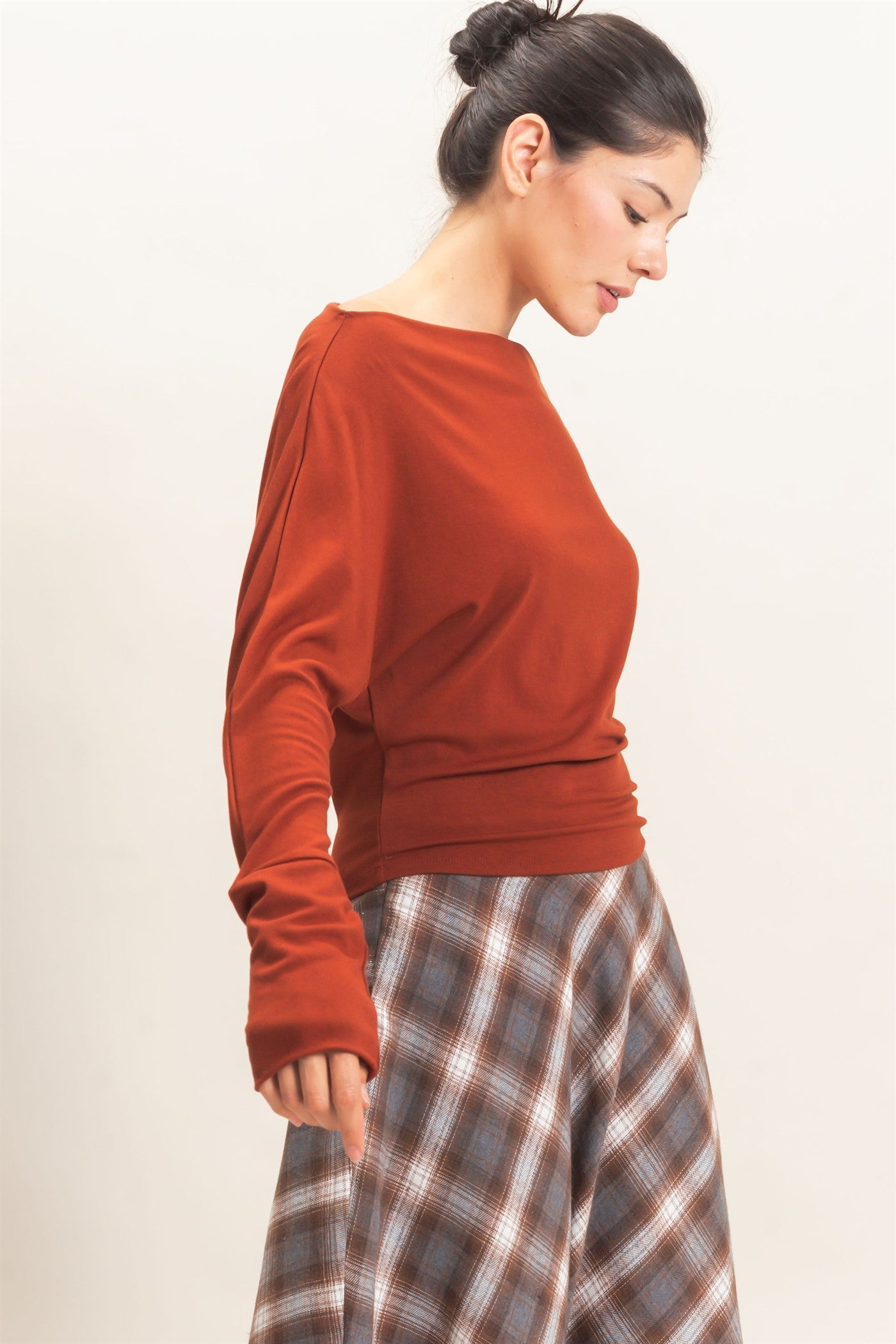 Wholesale Wide Boat Neck Dolman Sleeve Top Shirts HF26C883 BURNT SIENNA HYFVE