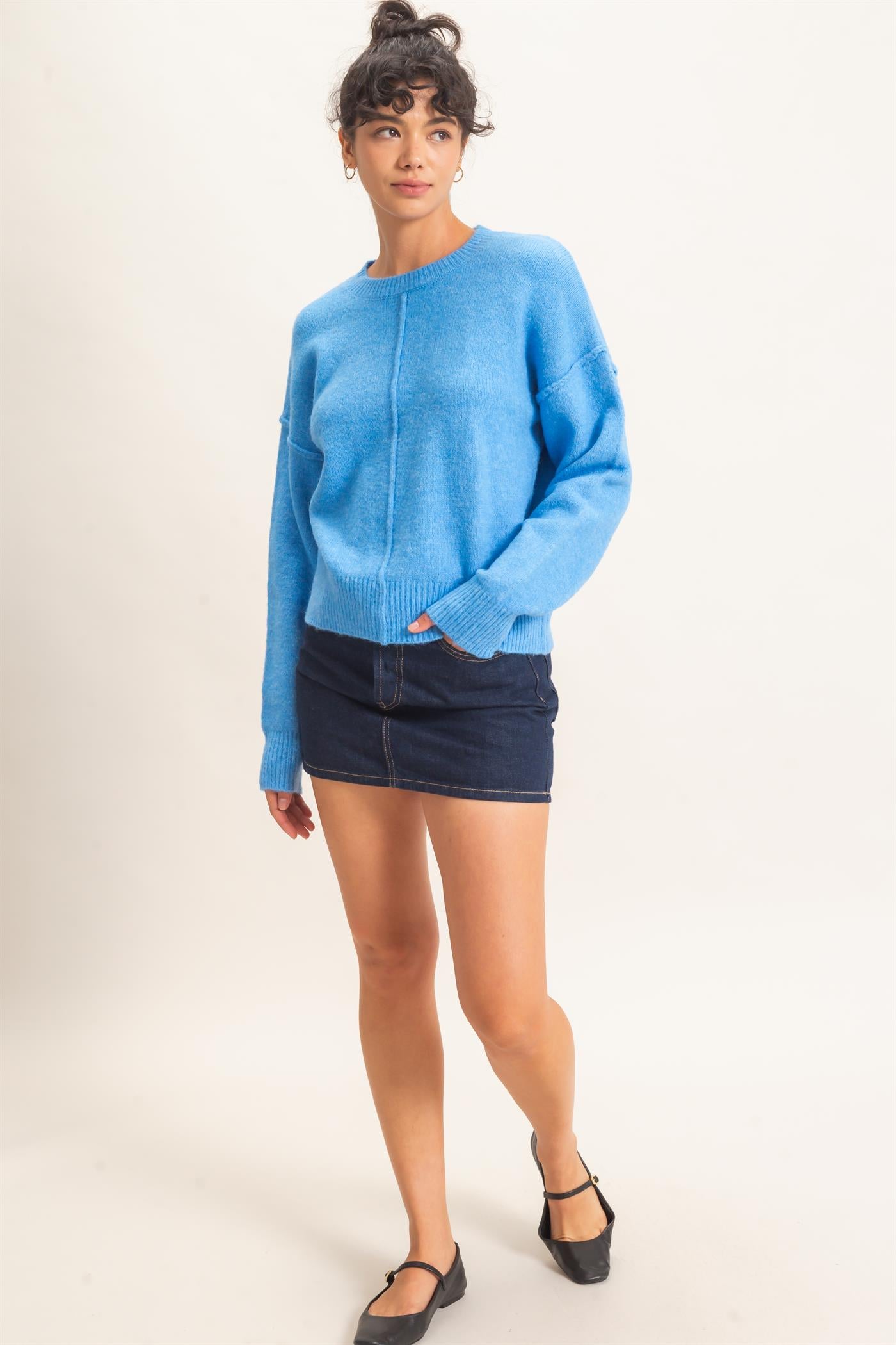 Wholesale Crew Neck Seam Detail Sweater Sweaters DZ26E240 BLUE DOUBLE ZERO