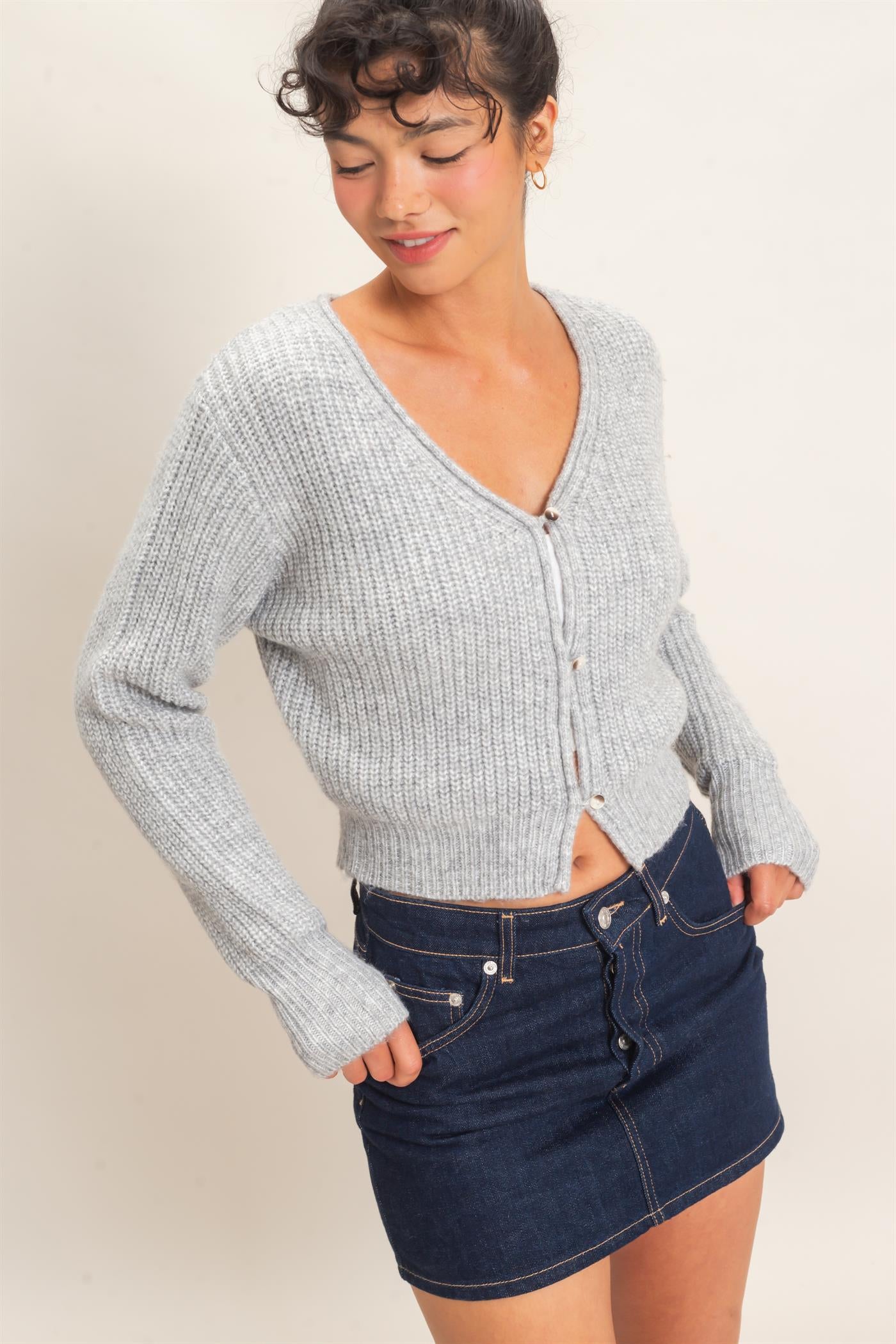 Wholesale V-Neck Ribbed Cardigan Cardigans DZ26E106 HEATHER GRAY DOUBLE ZERO