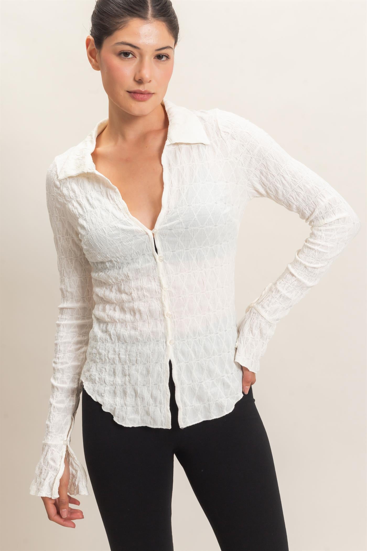 Wholesale Textured Button-Up Collared Top Shirts HF26E062 IVORY HYFVE