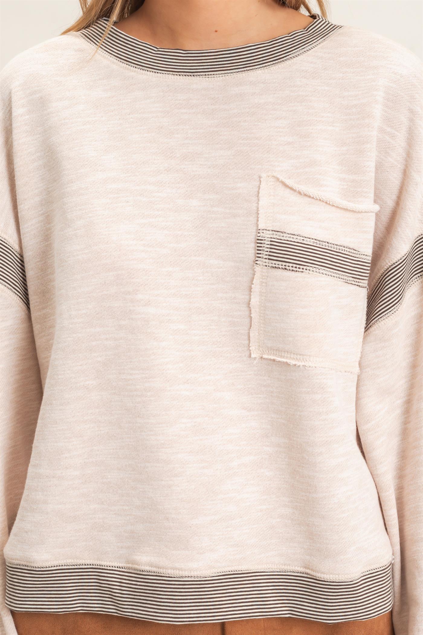 Wholesale Striped Trim Pocket Sweatshirt Sweatshirts HF26E557 OATMEAL HYFVE
