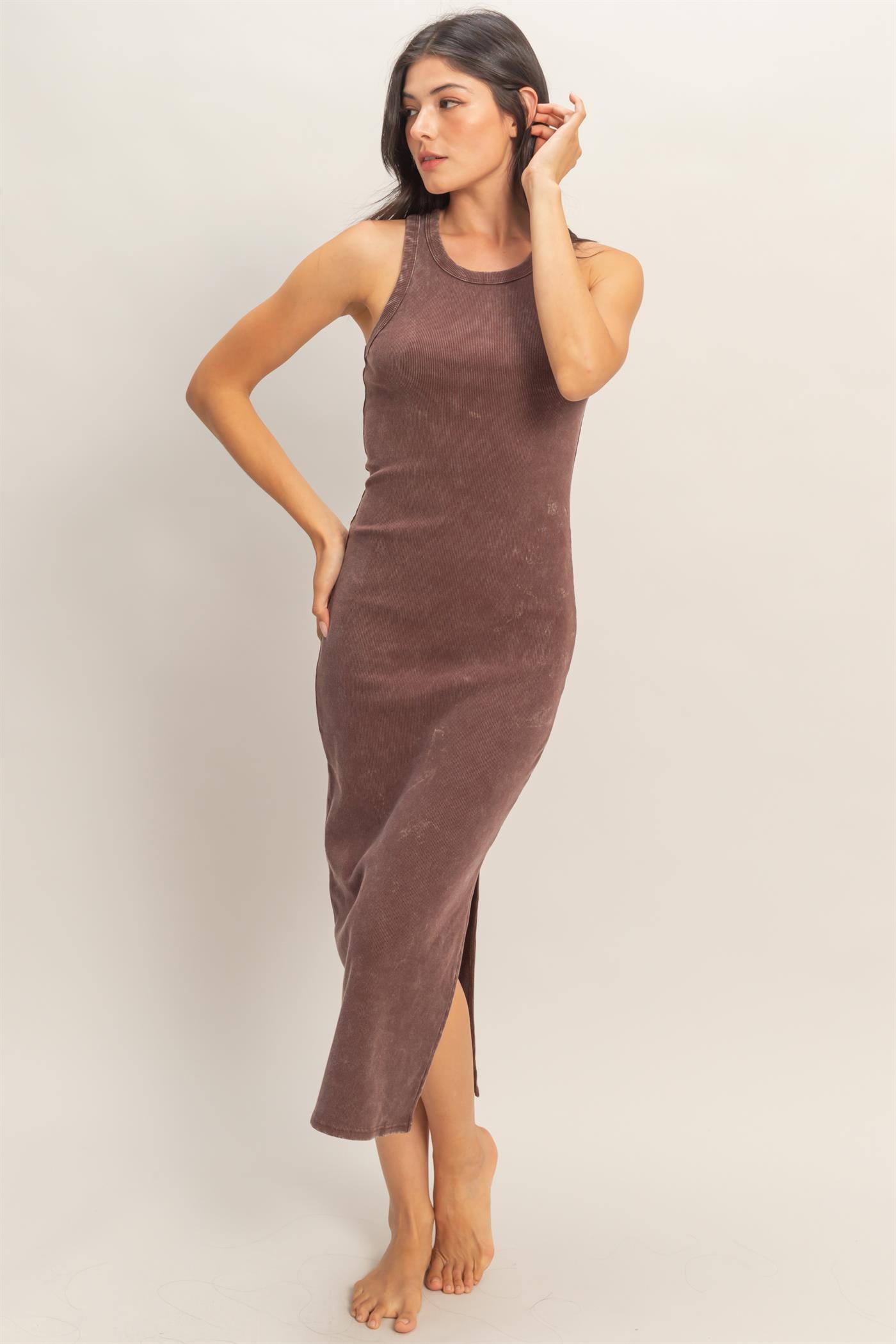Wholesale Acid Washed Ribbed Midi Tank Dress Dresses DZ26C060 CHOCOLATE DOUBLE ZERO